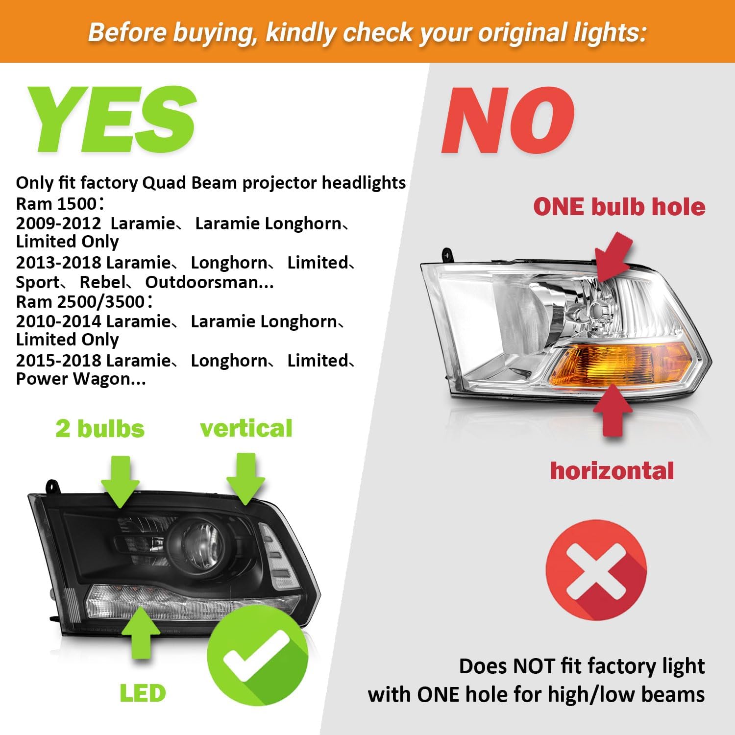 WEELMOTO LED Headlights Compatible with 2009-2018 Dodge Ram 1500/10-18 Dodge Ram 2500 3500 Models Included Bulbs with Factory Quad Style Headlamp Replacement (Not Fit Factory Projector Style)