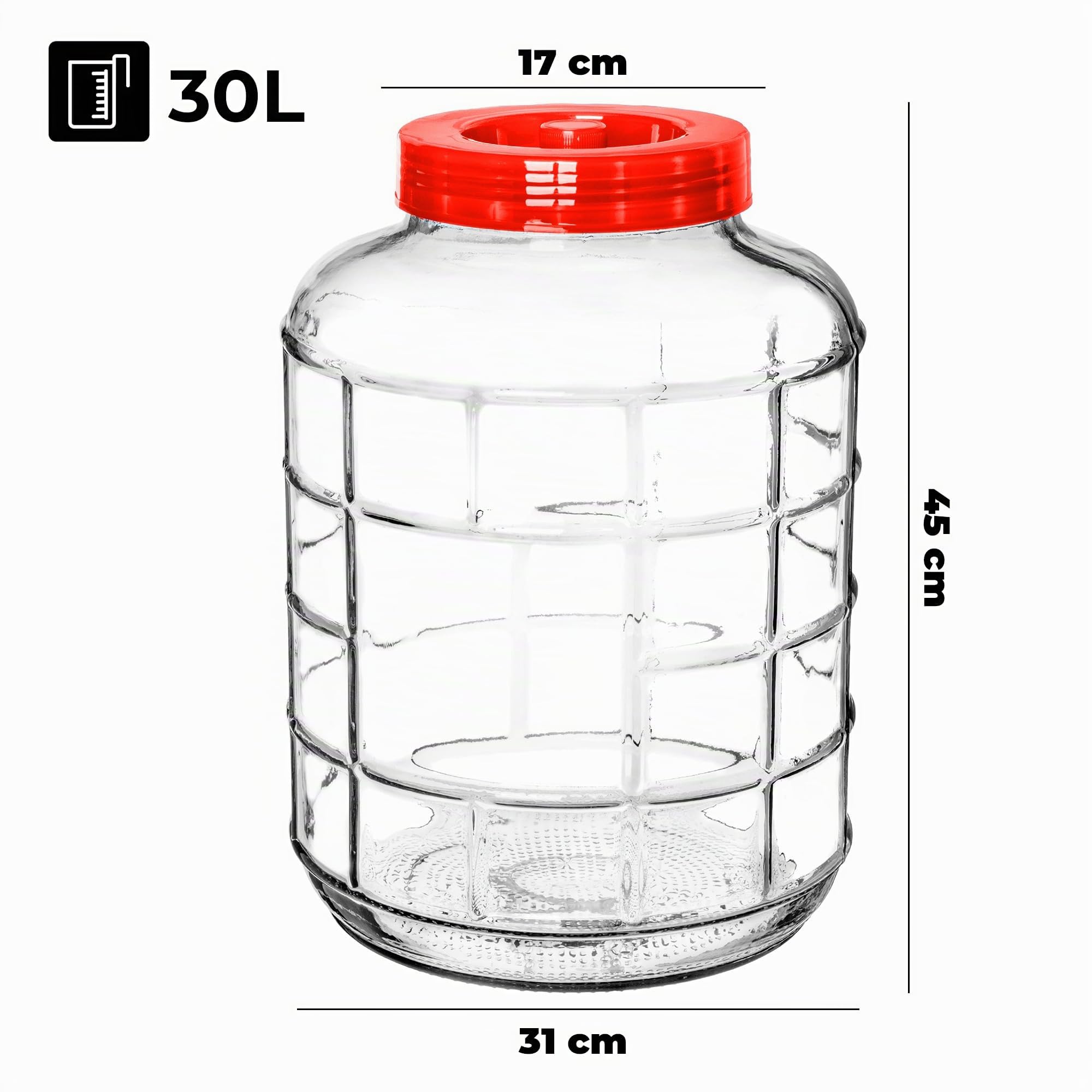 KADAX Grand Bocal de Fermentation en Verre avec Couvercle, Contenant Spacieux pour la Préservation des Aliments et Le Stockage du Vin (30L)