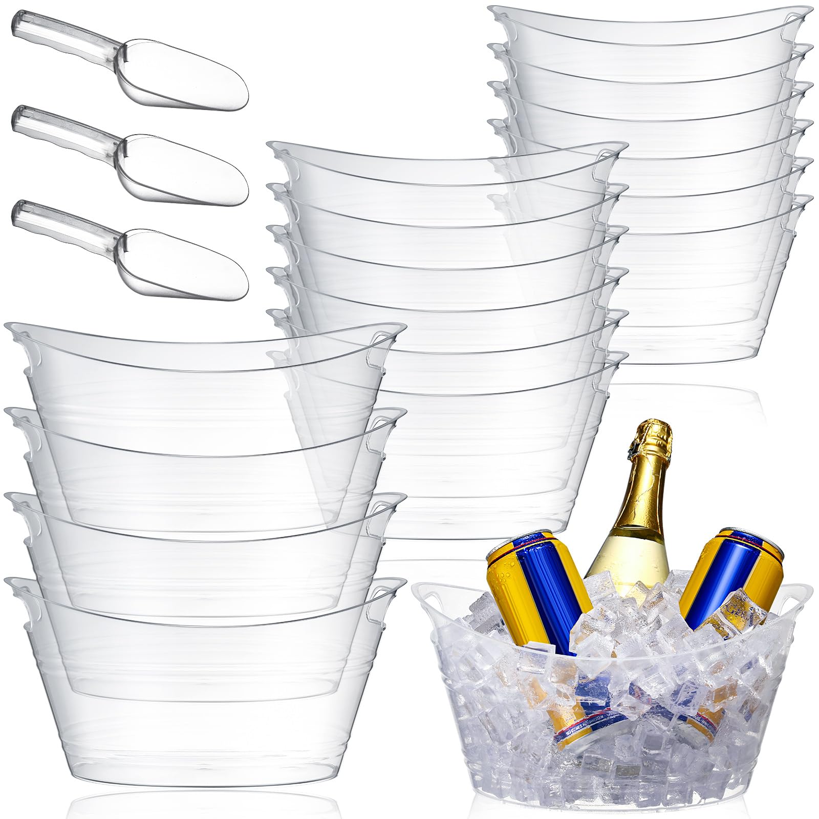 Geelin 12 cubos de hielo de plástico transparente para vino, champán, vino, cerveza, enfriador, fiestas, contenedor ovalado de almacenamiento con 3 cucharas de hielo para cóctel (transparente)