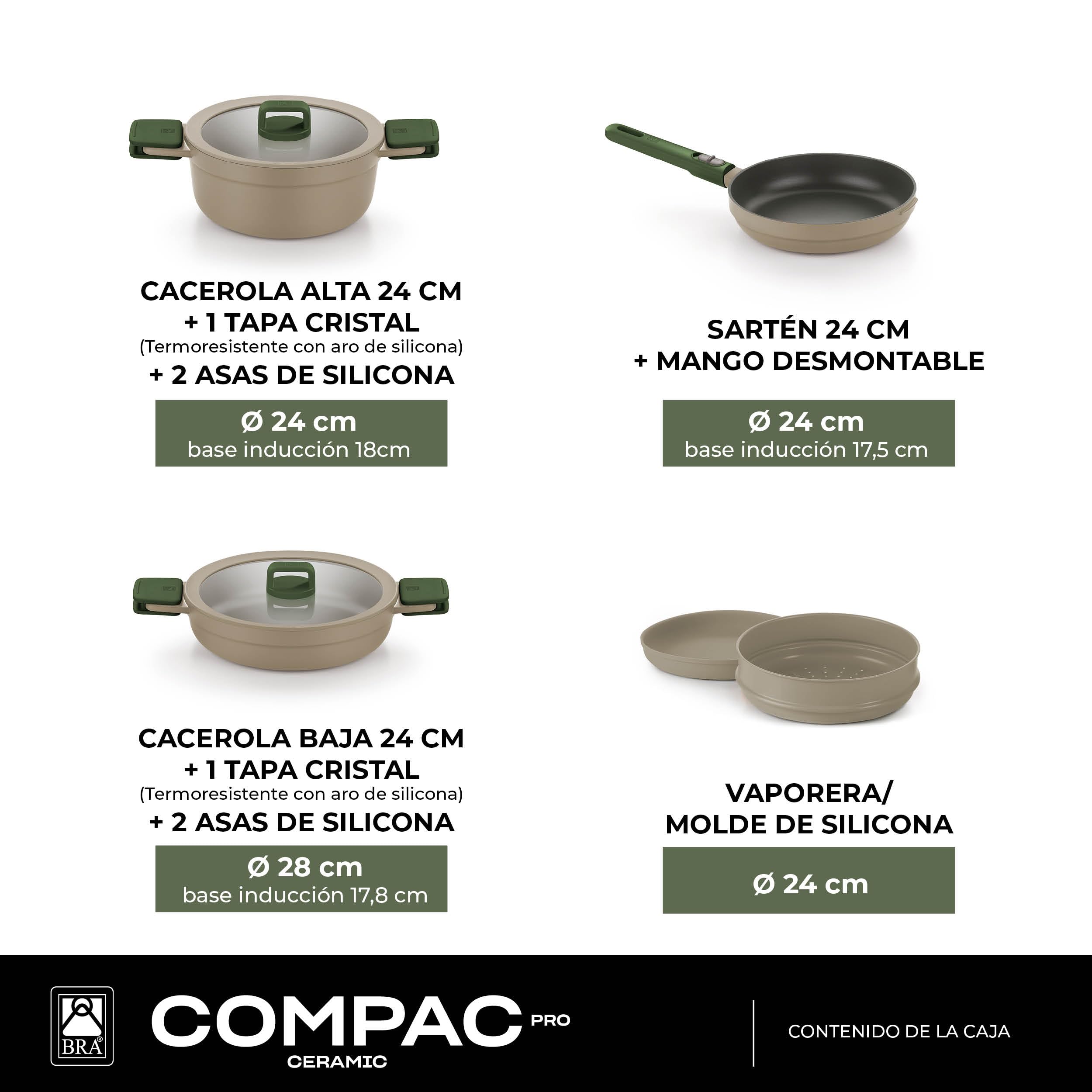BRA Compac Pro Ceramic | Batería de cocina apilable de 5 piezas, aluminio fundido con antiadherente cerámico, compatible con todo tipo de cocinas, incluida inducción