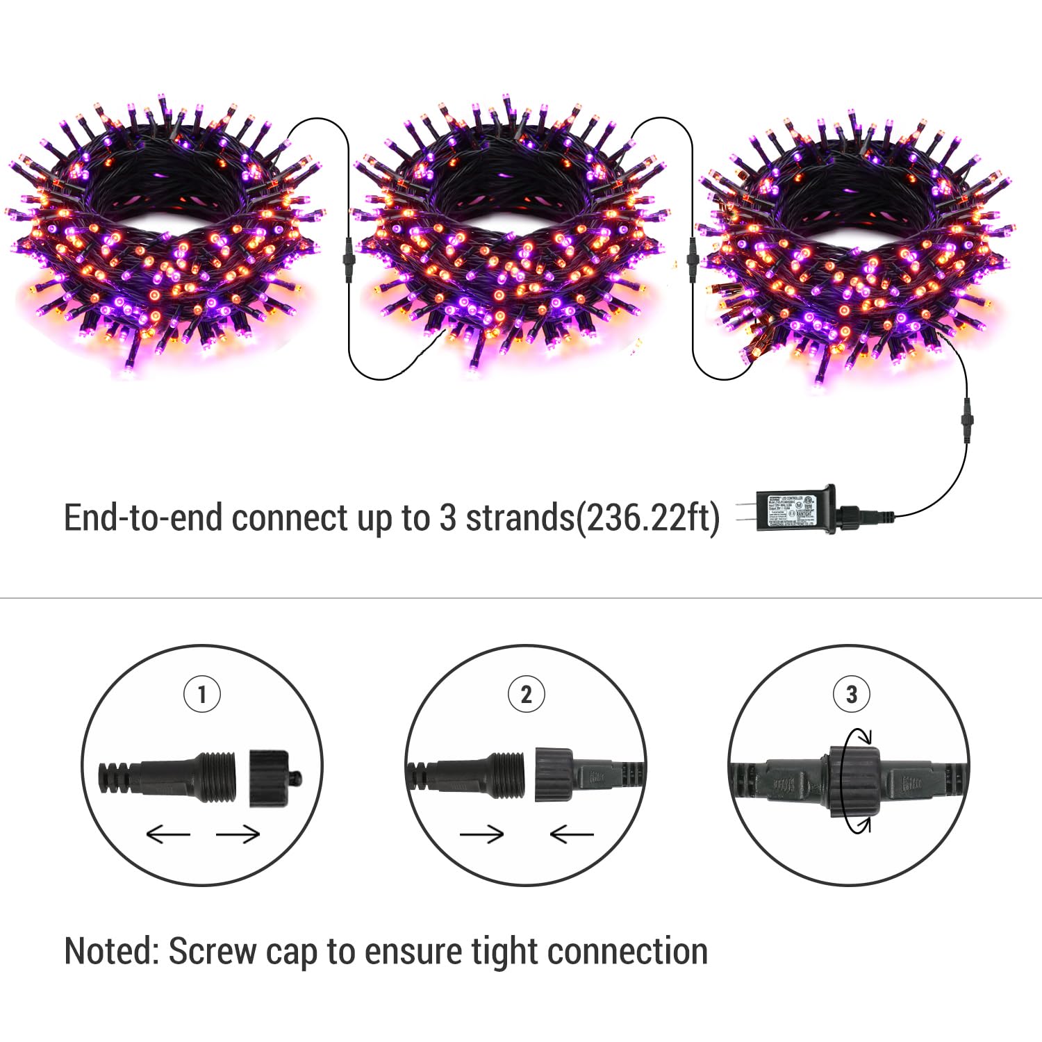 Extensión de luces LED impermeables decorativas para halloween, 78.74 pies y 240 mini luces para exteriores, con temporizador, 8 modos de iluminación, de conectar (morado y naranja) 4