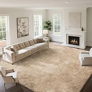 Fluffy Rug Shaggy Area Rug, Beige 9x12 Area Rugs for Living Room, Large Shag Area Rugs for Bedroom Kids Room Home Decor, Upgrade Anti-Skid Rectangular Fuzzy Rugs