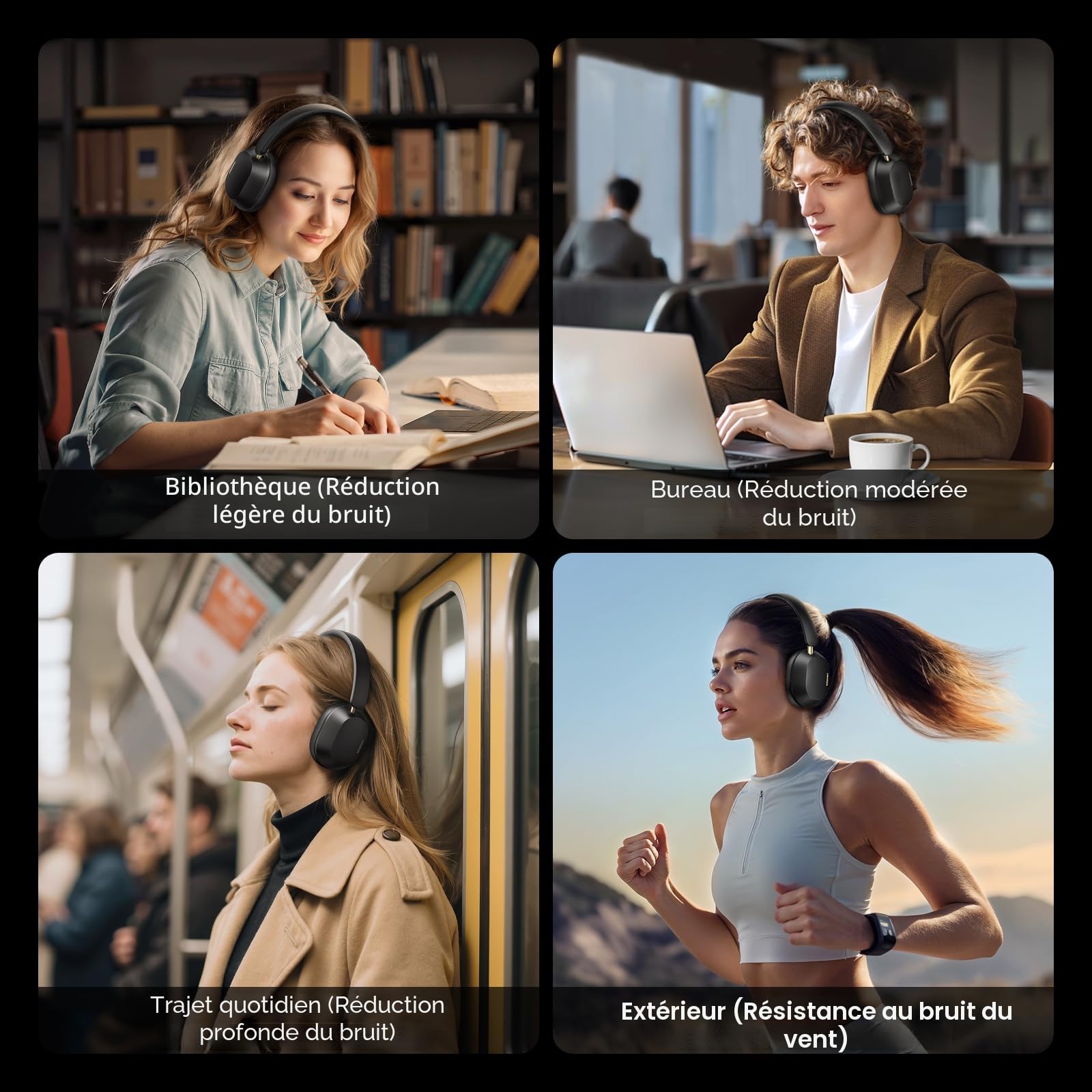 UGREEN HiTune Max 5C Casque Bluetooth sans Fil Sport Hi Res Audio ANC Réduction Active du Bruit Adaptative Hybride 43dB Bluetooth 5.4 4 Micros Audio Spatial EQ Personnalisé App 75H Charge USB C Noir | Réduction active du bruit adaptative