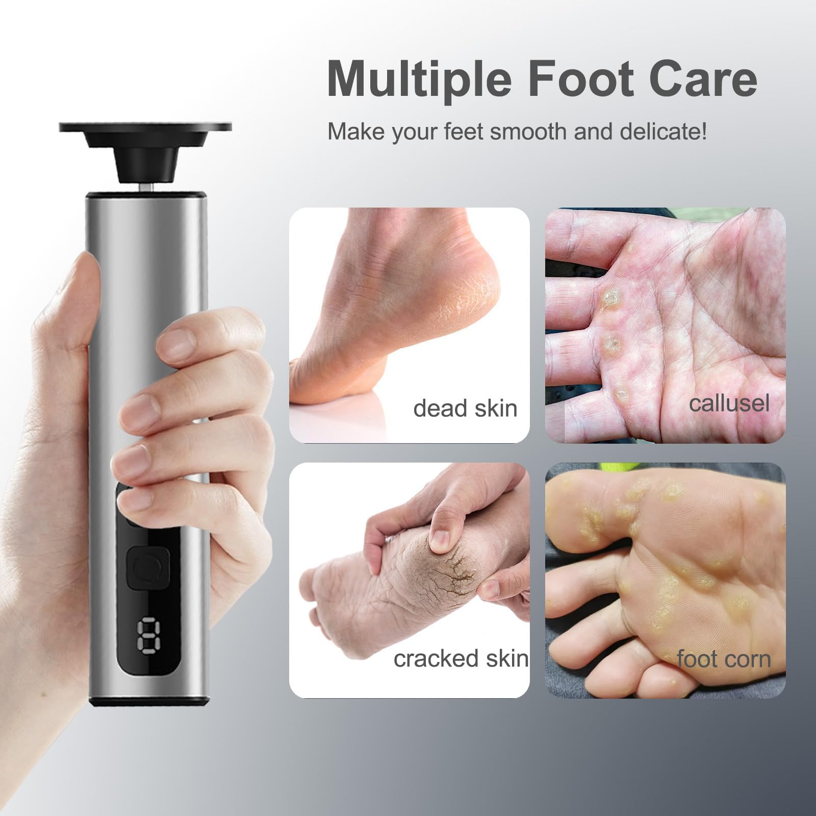 Removedor eléctrico de callos para pies, recargable de 1800 mAh, herramienta de pedicura de 500 RPM con par de torsión de 3,5 kg, lima de pies ultra silenciosa de 68 dB para una piel suave (gris)