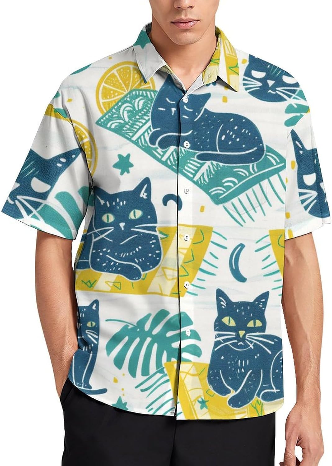 Mens Hawaiian Shirts Funny Cat Print Short Sleeve Aloha Beach Shirt Cute Cat Summer Button Down Shirt - Image 2