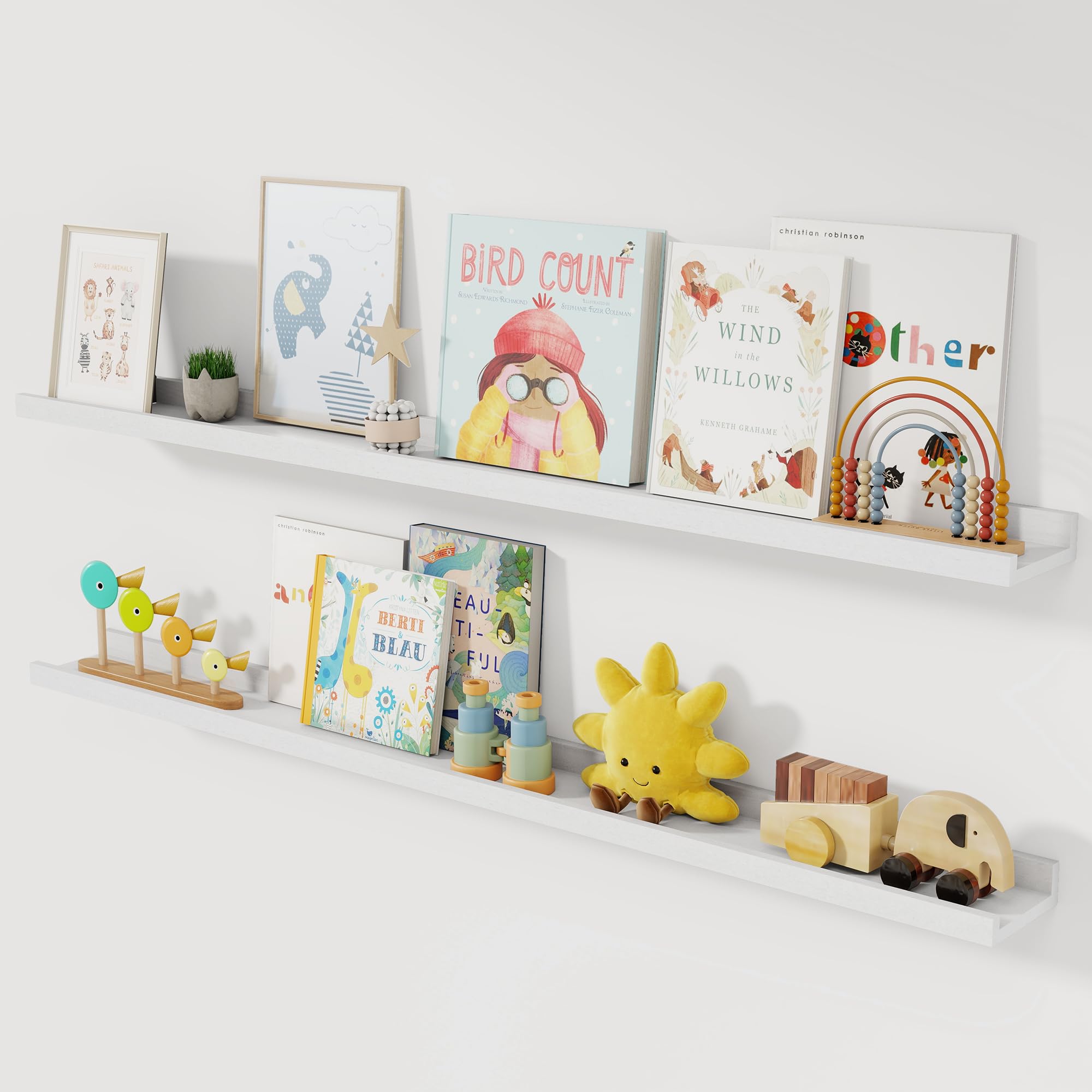 Acovy Solid Oak Wood Picture Ledge Shelf, 48 Inch, White, Set of 2