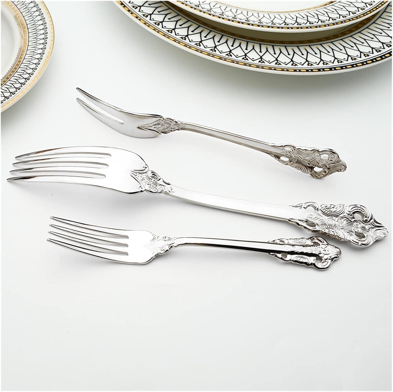 Dinnerware Set 6pcs Vintage Silver 304 Stainless Steel Cutlery Set Spoons Forks Tableware Mirror Dinner Kitchen Flatware leisurely (Color : Fruit fork)