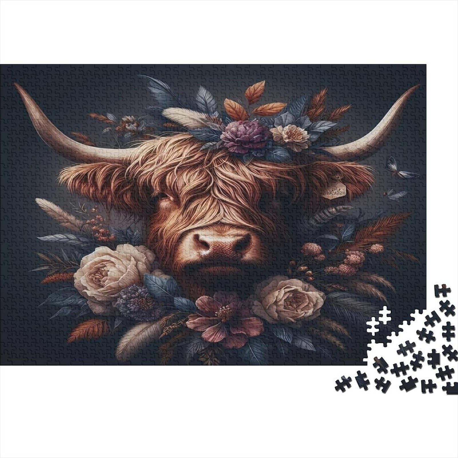 Highland Cow Floral Decor 1000 Piece Jigsaw Puzzle for Adults 52x38cm/1000pcs