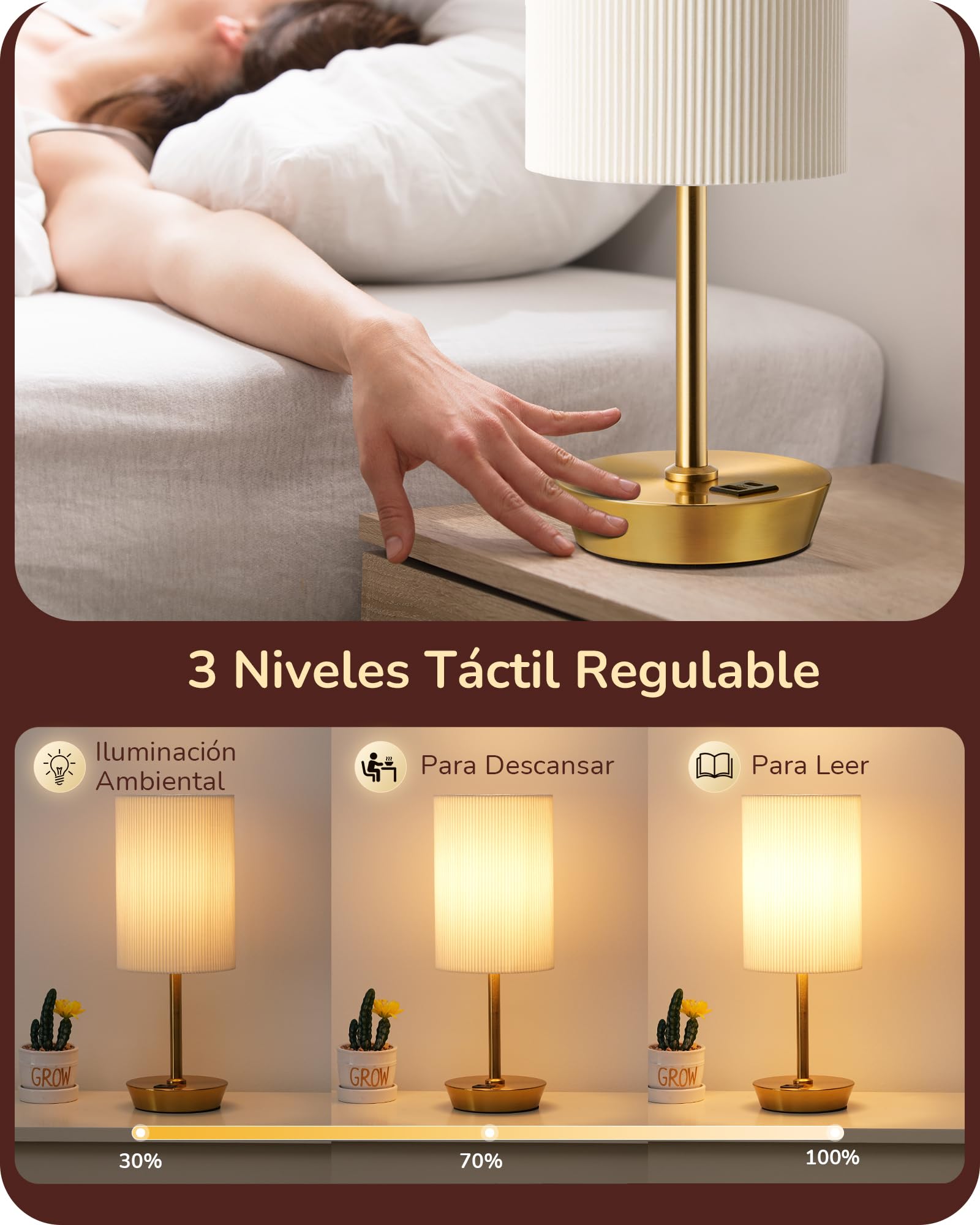 EDISHINE Lámpara de Noche Regulable Táctil Juego de 2, Lámpara de Mesa, Lámpara Pequeña, con Función de Carga, 2 Puertos USB, con Cable, para Dormitorio, Salón, Alféizar de Ventana, Regalo, Dorado