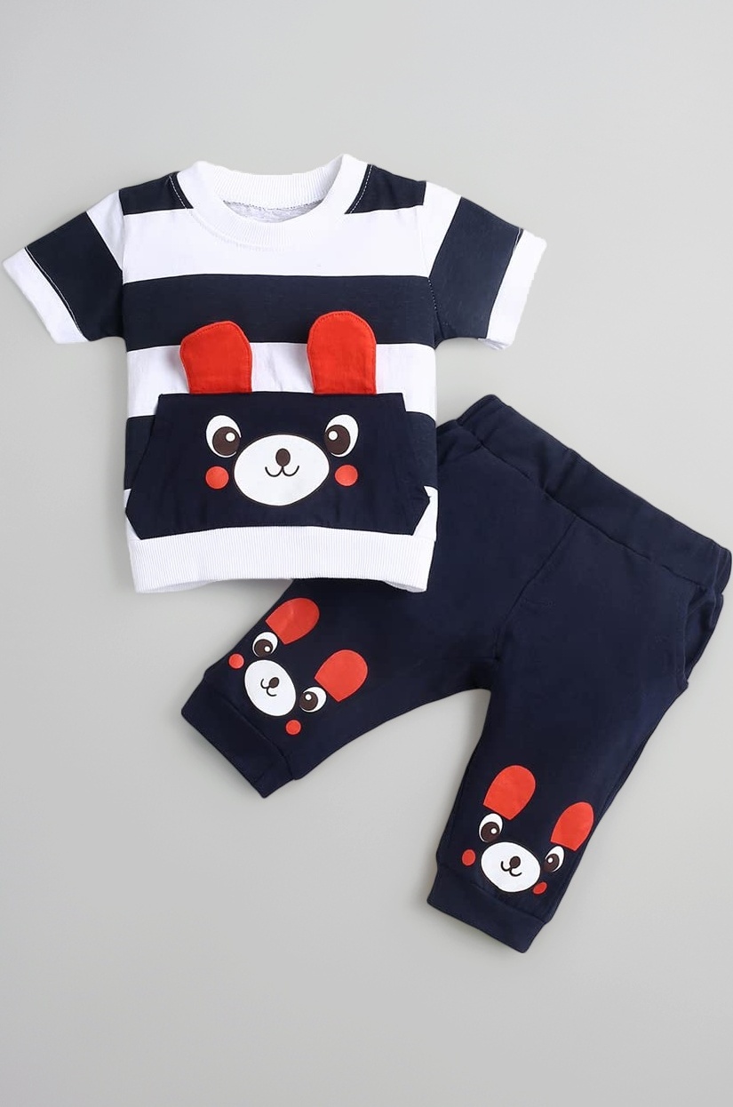 Hopscotch Boy's Cotton Striped Stripes Bear Print Half Sleeves T-Shirt And Joggers Set
