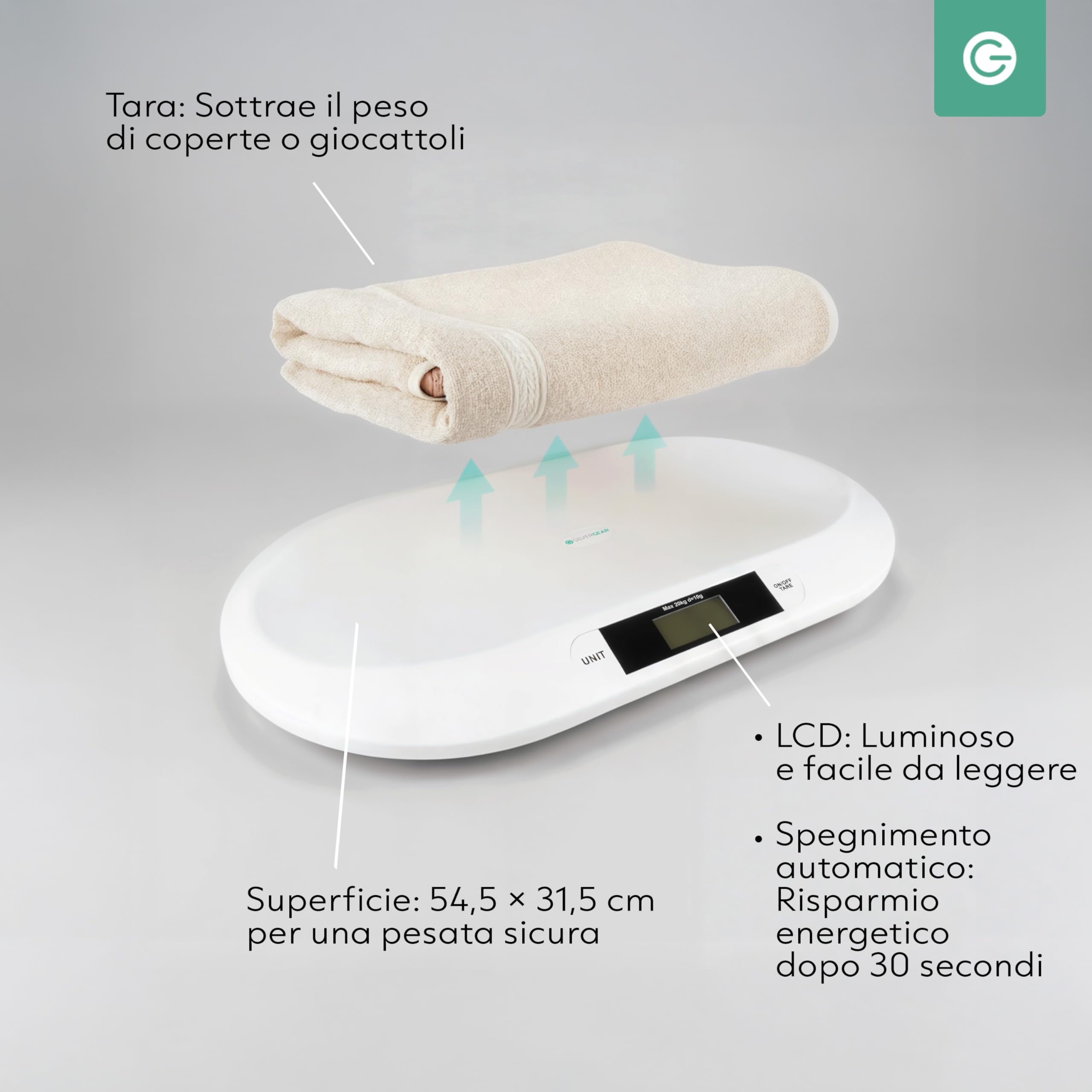 Silvergear Bilancia intelligente per neonati con Bluetooth, bilancia digitale con app per neonati, bambini, animali domestici, misurazione precisa fino a 20 kg, app Smart Life, 54,5 x 31,5 x 2,7 cm