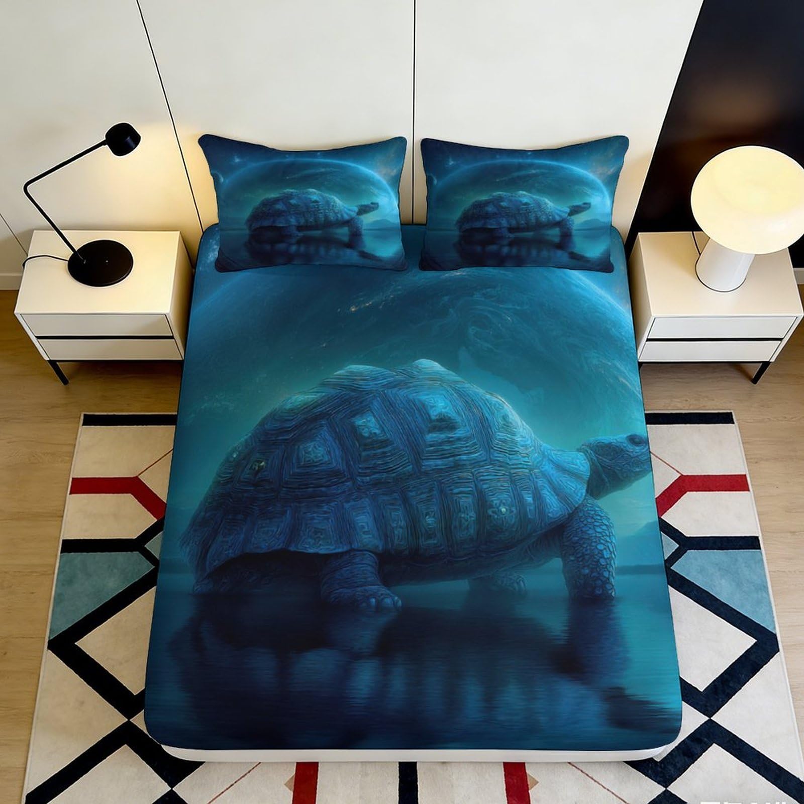 3D Printed Turtle Fitted Sheet Microfiber Deep Pocket Non-Slip Bedroom Bedding Turtle Mattress Fitted Cover Washable Full Wrap 200x200x25cm