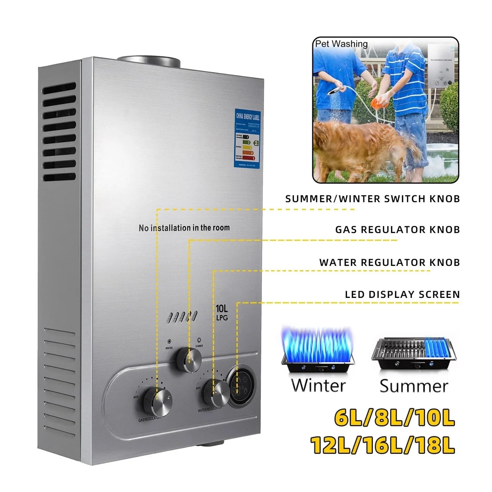 6L 8L 10L 12L 16L 18L LPG Przenośny Natychmiastowy Podgrzewacz Wody Gaz Propan LPG Montowany Na Ścianie Bezzbiornikowy Bojler Cyfrowy Wyświetlacz(8L)
