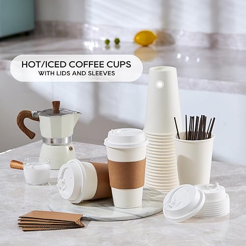 Vista 14 de [Paquete de 100] Tazas de café de papel de 12 onzas, taza de café de papel desechable con tapas, mangas y agitadores, taza para bebidas Paquete