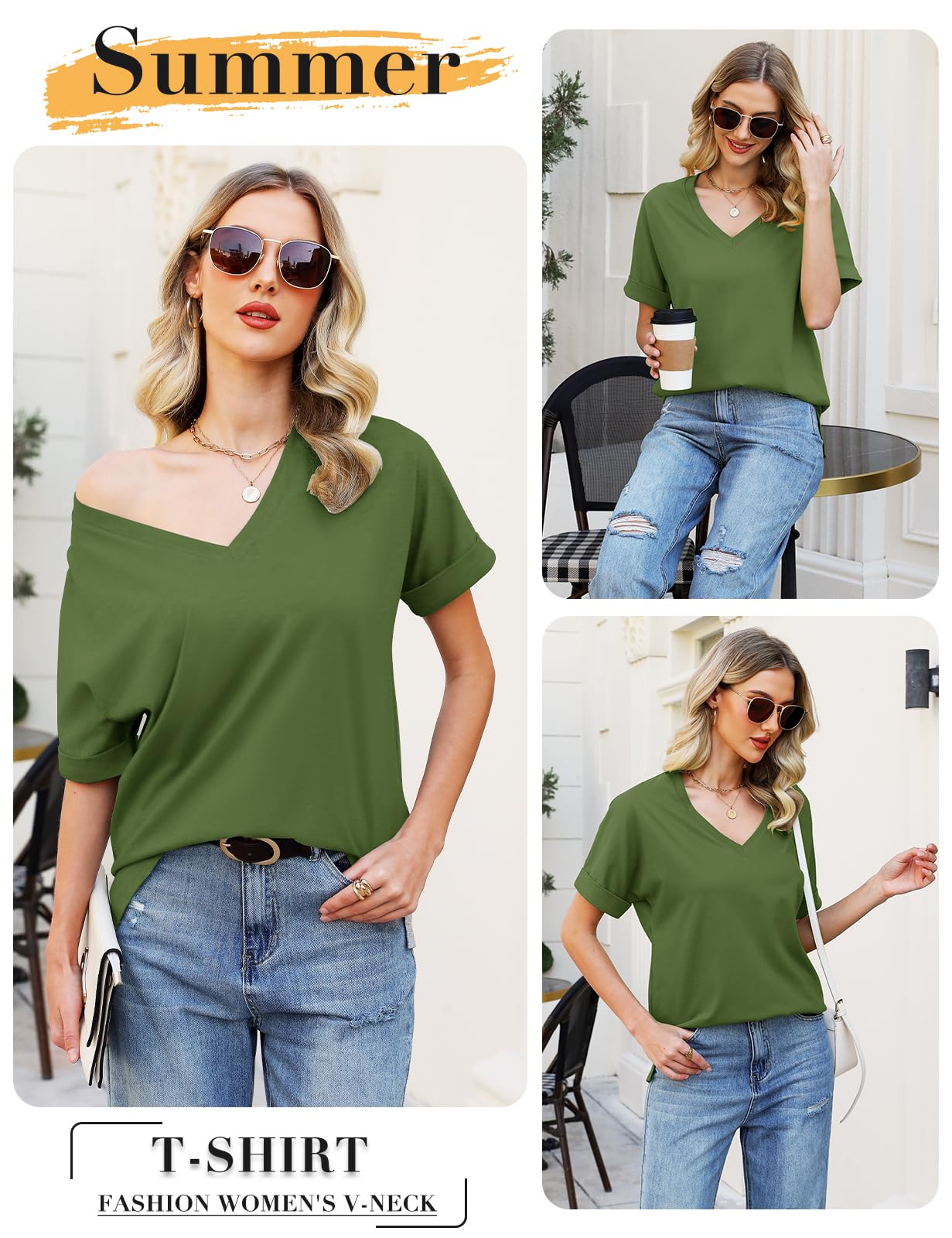 CMTOP T-Shirt Donna Estiva Cotone V Scollo Tinta Unita Maglietta Manica Corta Top Casual Case Camicie Orlo Arrotondato Lungo per Feste Casual Maglietta da Donna Allentate