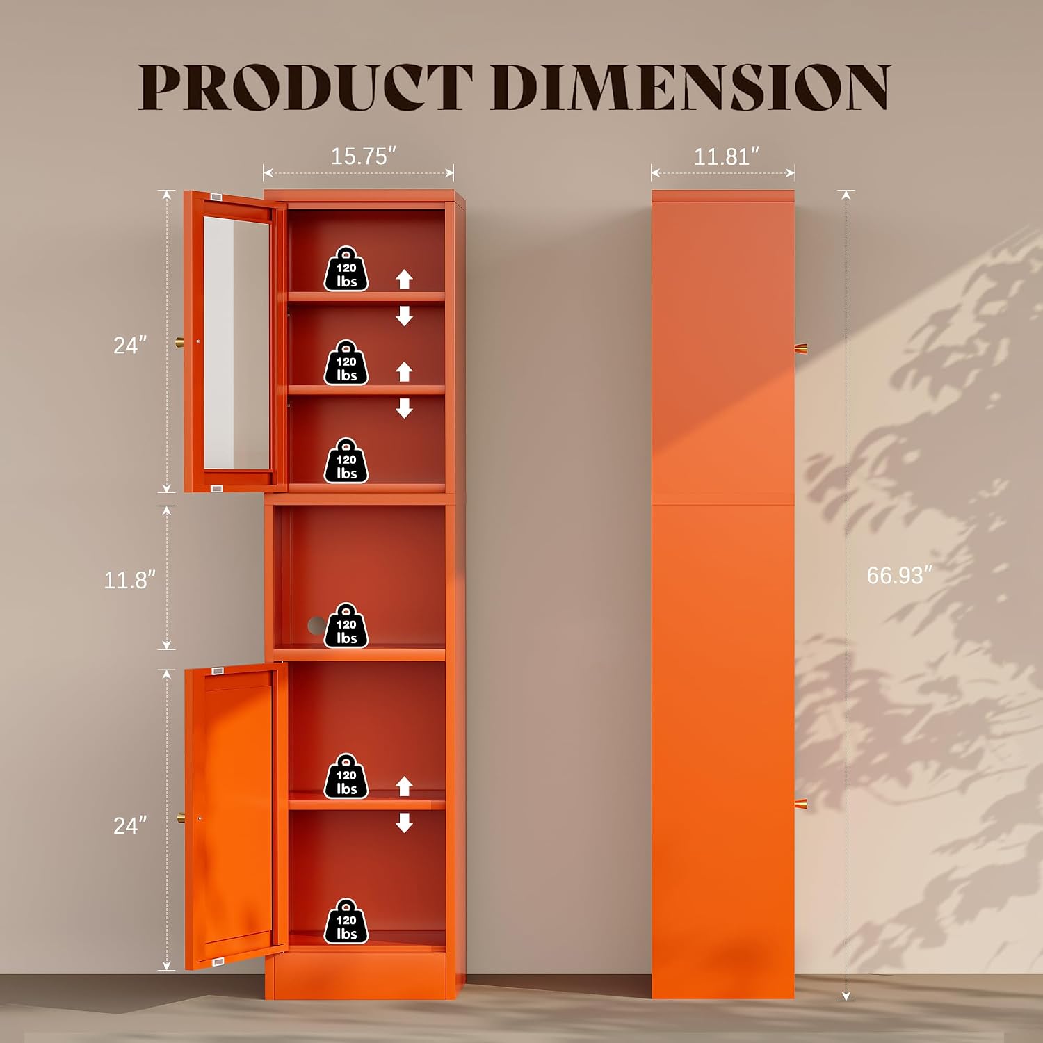 67"H Tall Narrow Bathroom Storage Cabinet, Metal Cabinet, Orange Floor Cabinet,Skinny Storage Cabinets with 4 Adjustable Shelves,Slim Tall Floor Cabinet,Thin Bathroom Storage Cabinet for Living Room