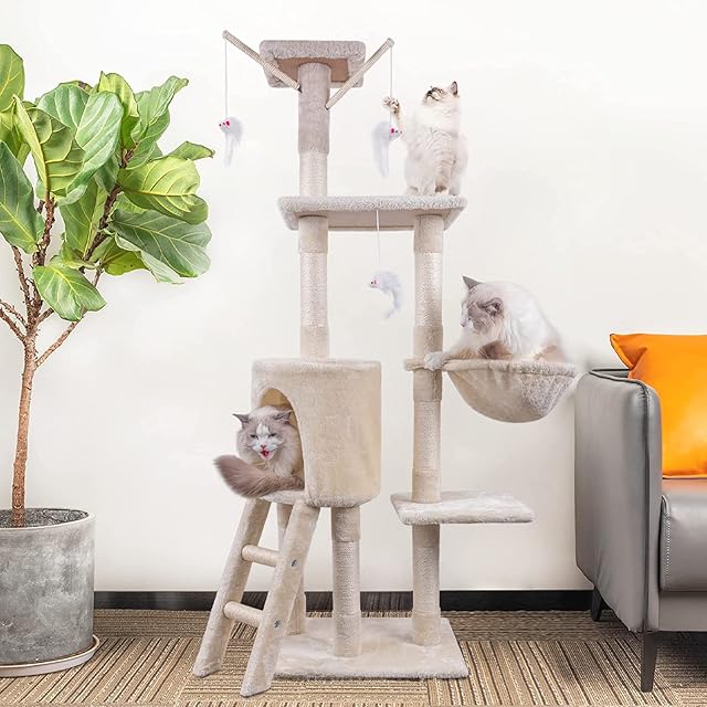 Cat Tree, 145cm Cat Scratch Posts Multi Level Stable Cat Climbing Tower Cat Activity Trees with Ladder, Indoor Pet Activity Furniture Play House for Kitty (Beige)