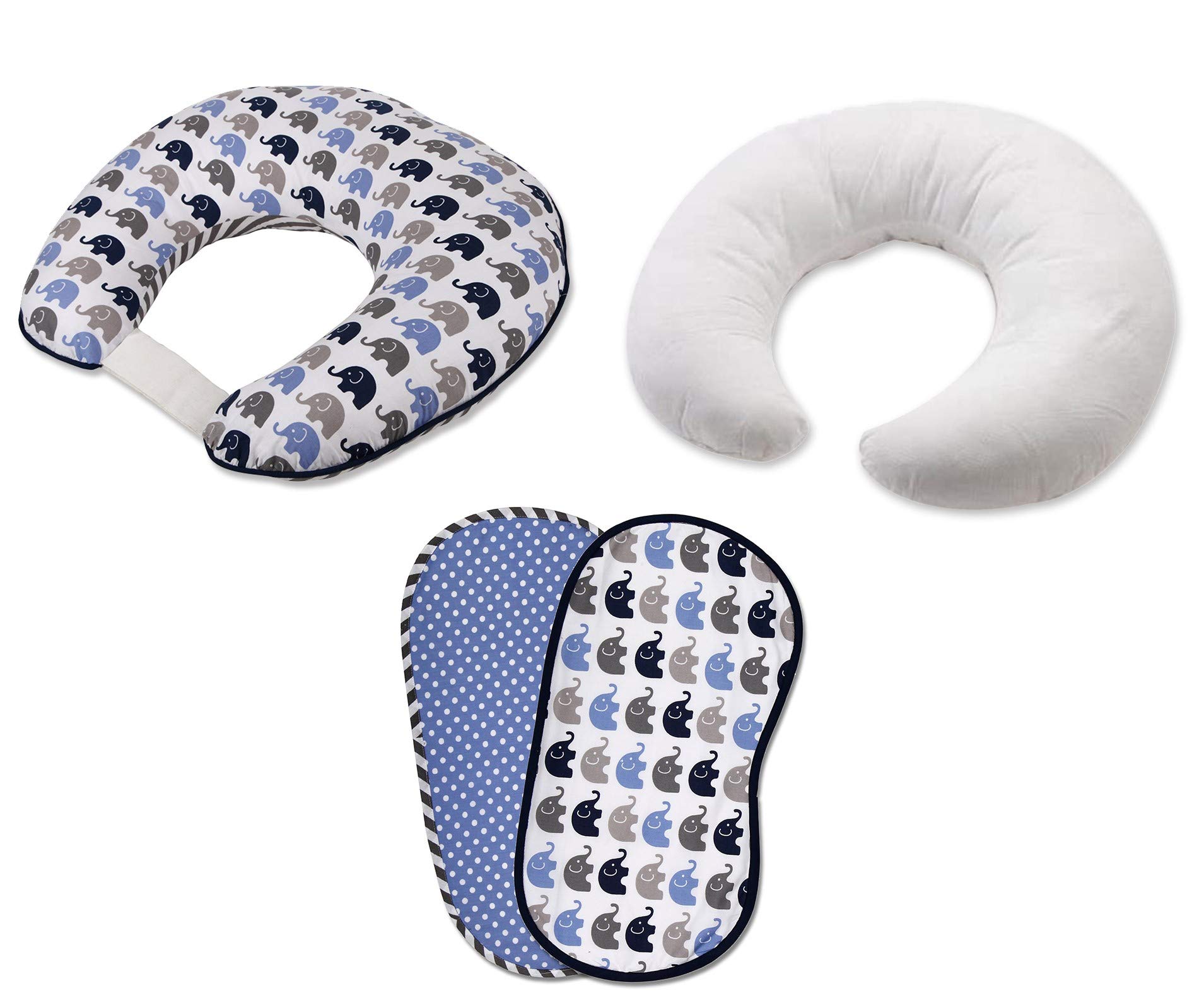 Bacati - Elephants 4 pc Nursing/Feeding Set Pillow Cover, Polyfilled Insert Pillow and 2 Burp Made with Ultra-Soft 100% Cotton Fabric in a Fashionable Two-Sided Design (Blue/Grey)