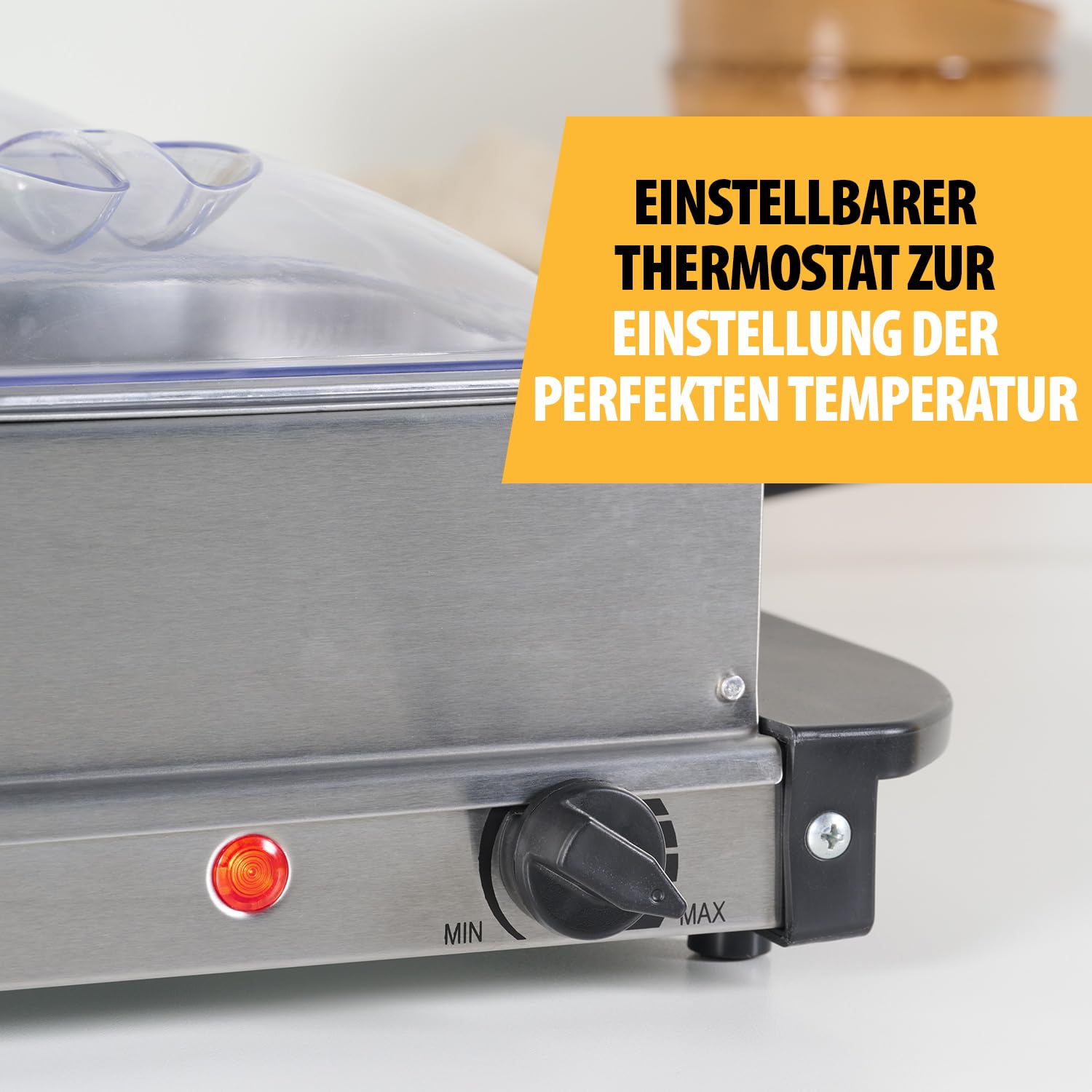 Tristar Edelstahl Buffetwärmer für Partys & Buffets, 300 W, Einstellbares Thermostat, 4 Warmhaltebehälter mit Deckel, Heizplattenfunktion, Warmhaltefunktion, Silber, BP-6285 |