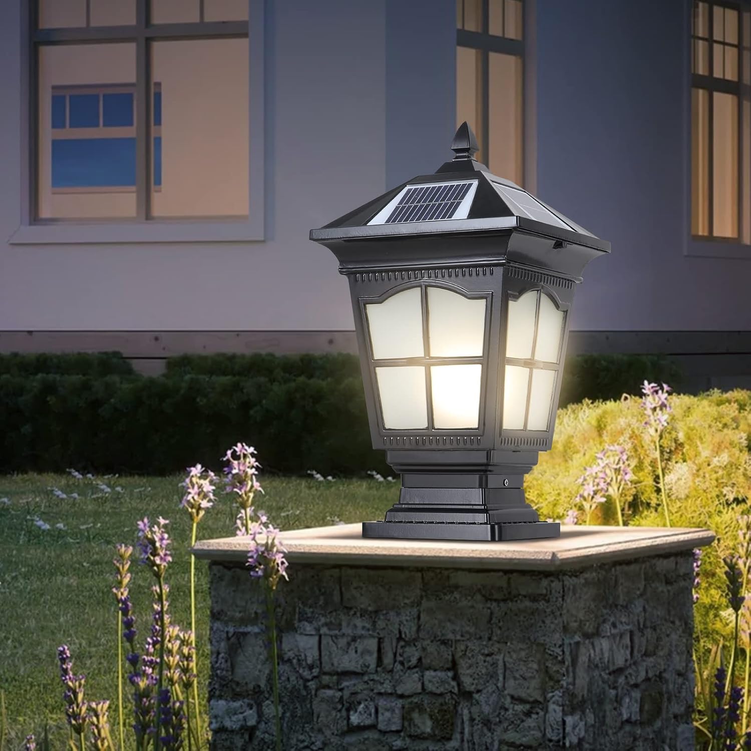 Yvamnad Black Outdoor Solar Post Light Fixtures Solar Lamp Post Light Fixture With Remote Control Column Caps Lamps Outdoor Waterproof Ip65 Pillar Lamps Outside Housing Porch Pedestal Lights Fence Deck Ligh