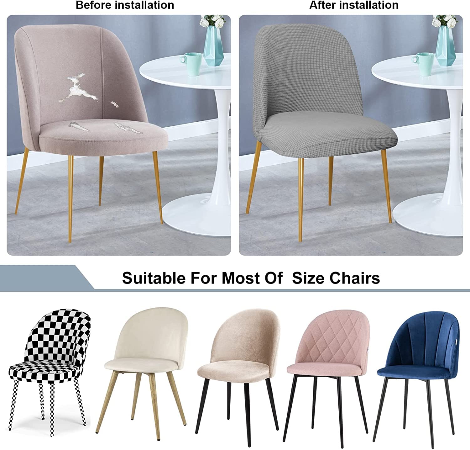 Estilo Nórdico Funda para Silla Comedor con Curva Respaldo Elástica Funda de Silla Cocina Oficina sin Reposabrazos Semicírculo Cubierta Silla Sala Restaurante Hotel Hogar,O,6PCS