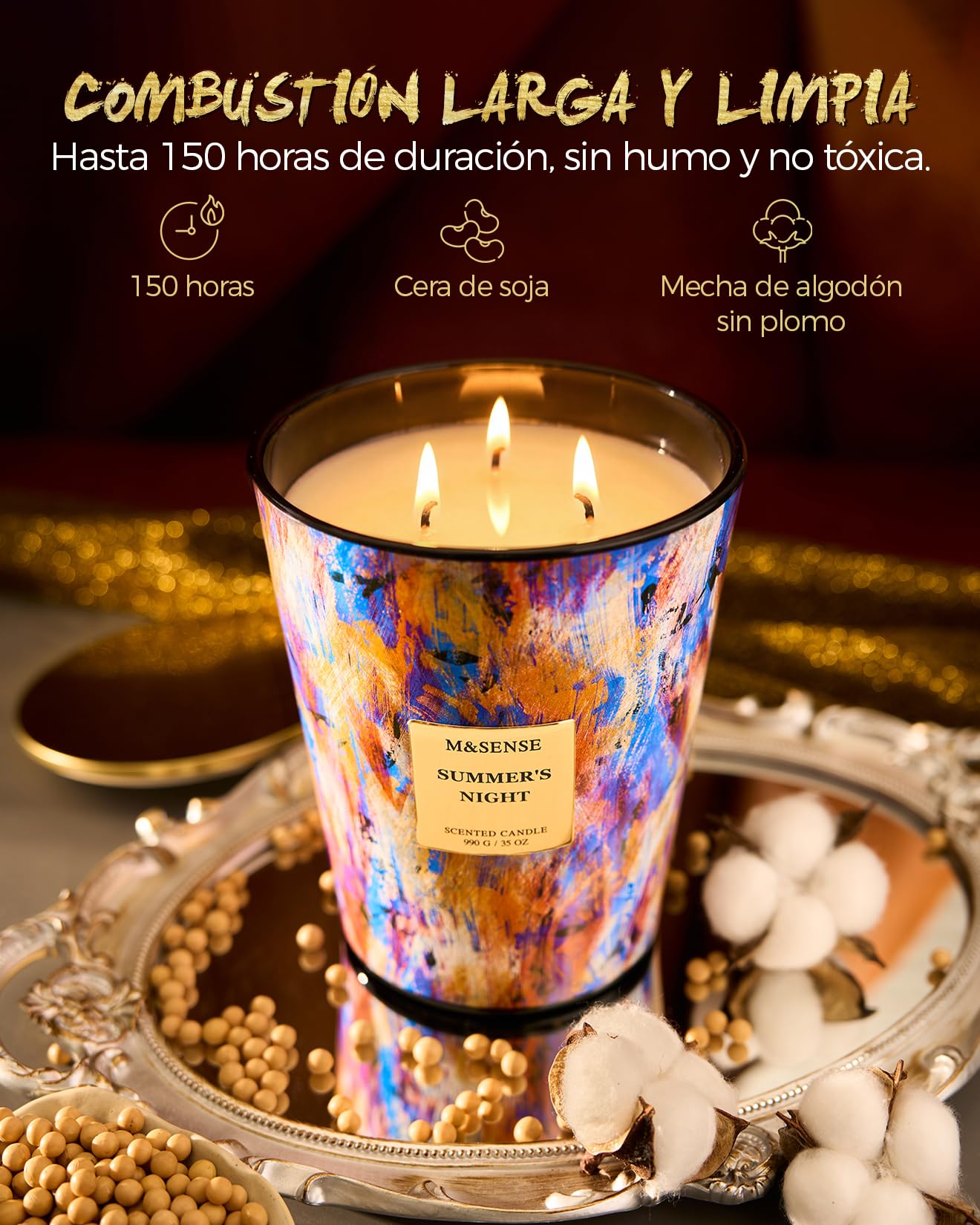 M&SENSE Velas Aromáticas Noche de Verano, 150h Larga Duración, 3 Mechas Velas Bonitas, Cera de Soja 990g Vela Grande, Decoración Hogar, Regalo Original Mujer y Yoga