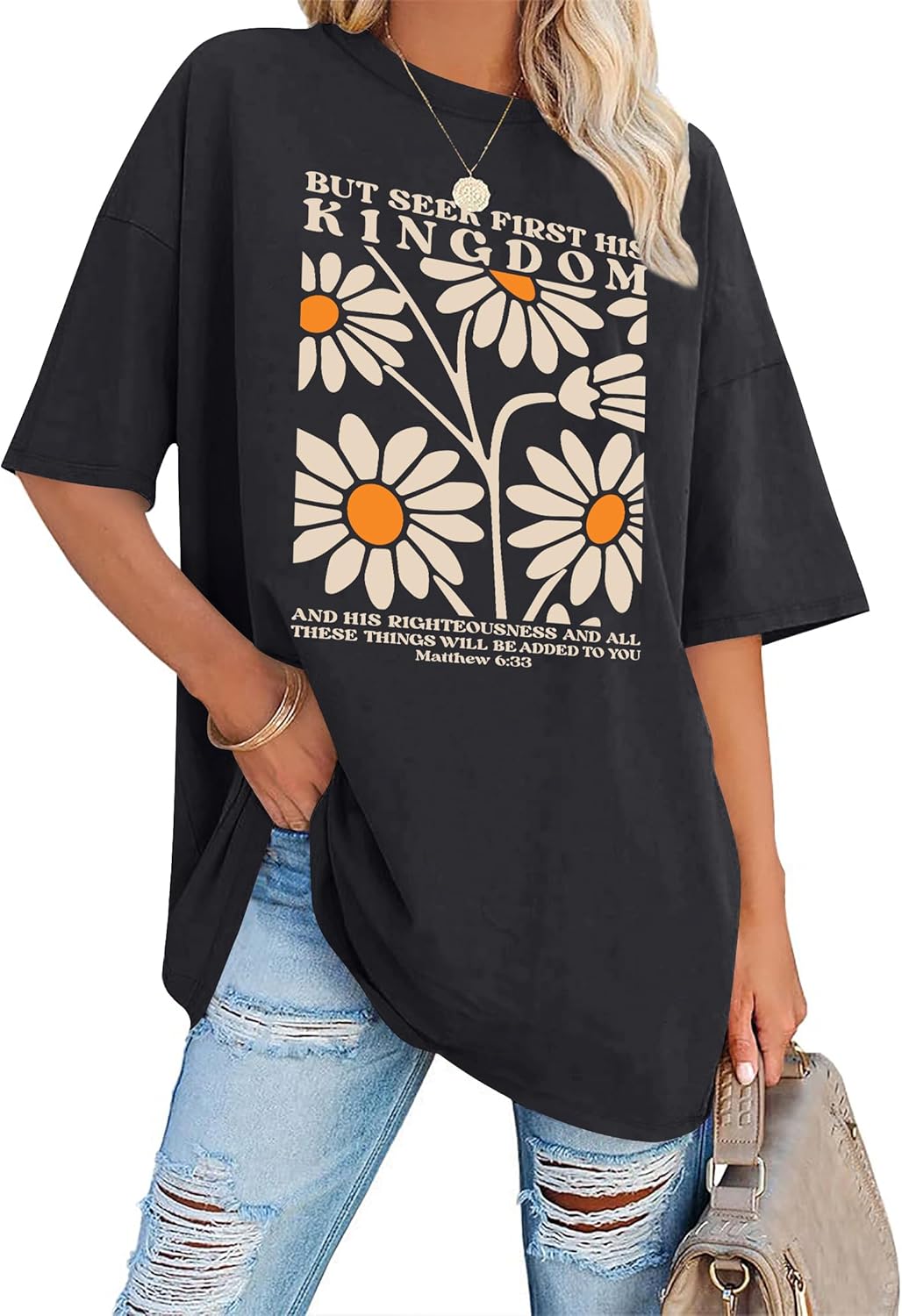 LAZYCHILD Christian Shirts for Women: Vintage Oversized Faith T-Shirt Bible Verse Graphic Tees Floral Religious Tops - Image 4