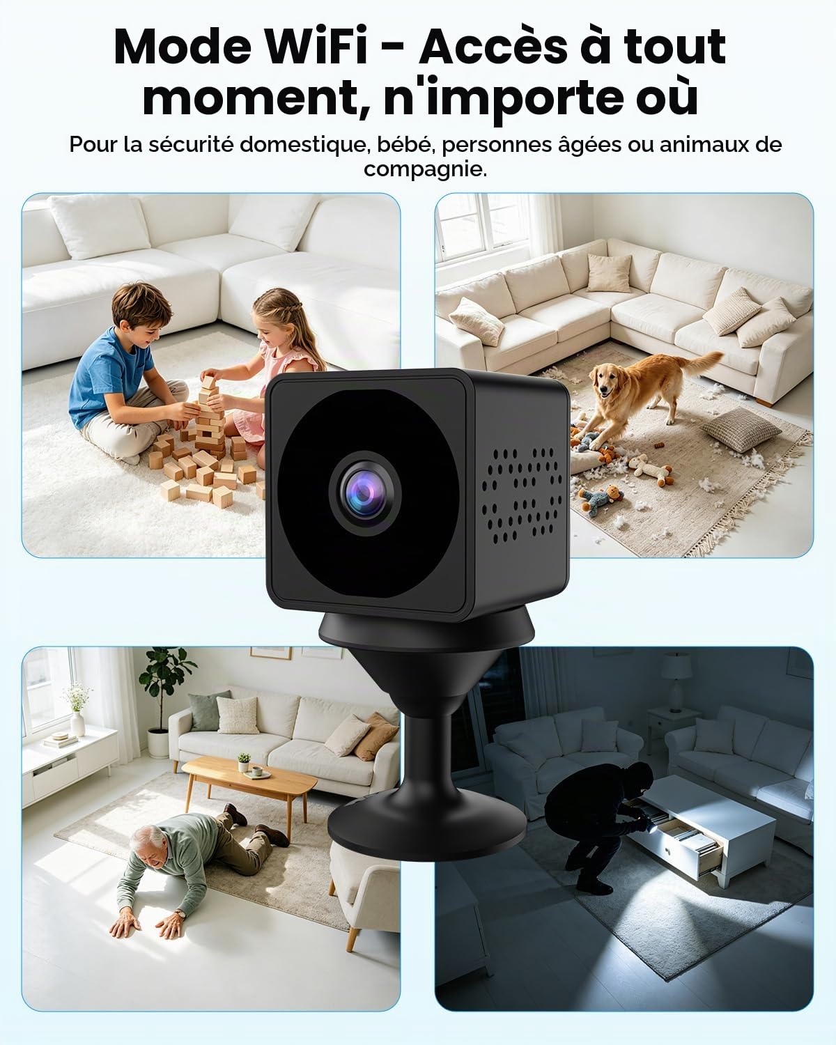 Mini Camera Espion sans Fil, Wi-Fi ou Mode sans WiFi, Camera de Surveillance sans Internet, Vision Grand 160°, Vision Nocturne, Détection Mouvement IA, Mini Surveillance pour Intérieur/Extérieur