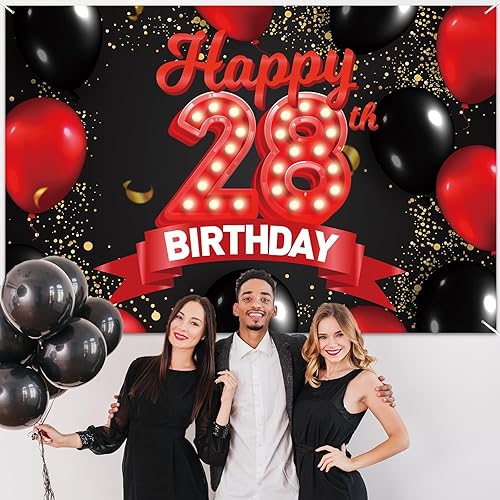 Miniatura 5 de Cartel de feliz cumpleaños 28 color rojo y negro, decoración temática de globos para niñas y mujeres, princesas de 28 años, fiesta de cumpleaños,