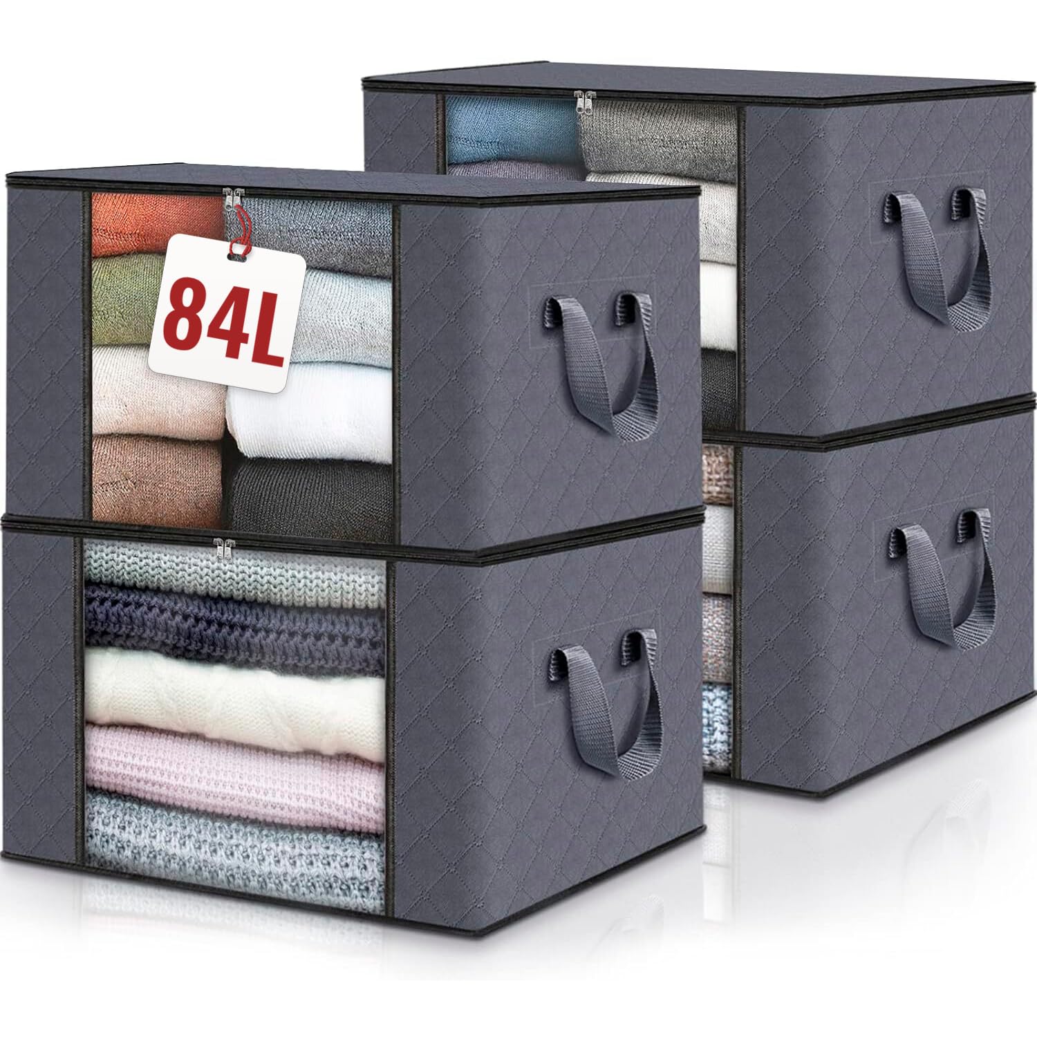 edihome, Clothes Storage Bag, (4 pieces), Wardrobe Organiser, with Reinforced Handles, Heavy Duty Cloth Pouches with Transparent Window (Dark gray, Pack of 4)
