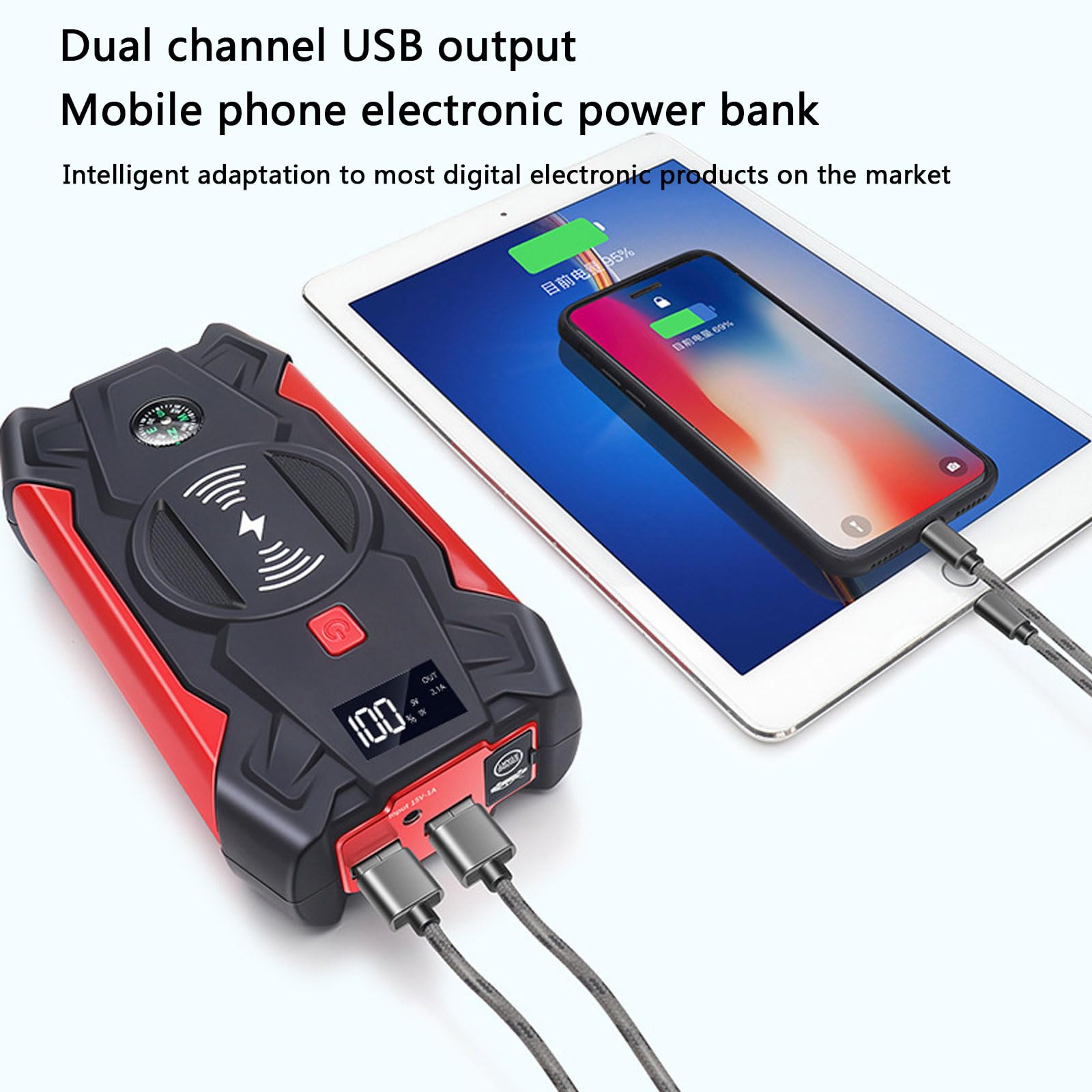 Avviamento Emergenza Auto Car Jump Starter con Caricabatterie Wireless 12V Portatile 39800mAh Power Bank Alimentatore Emergenza per Auto