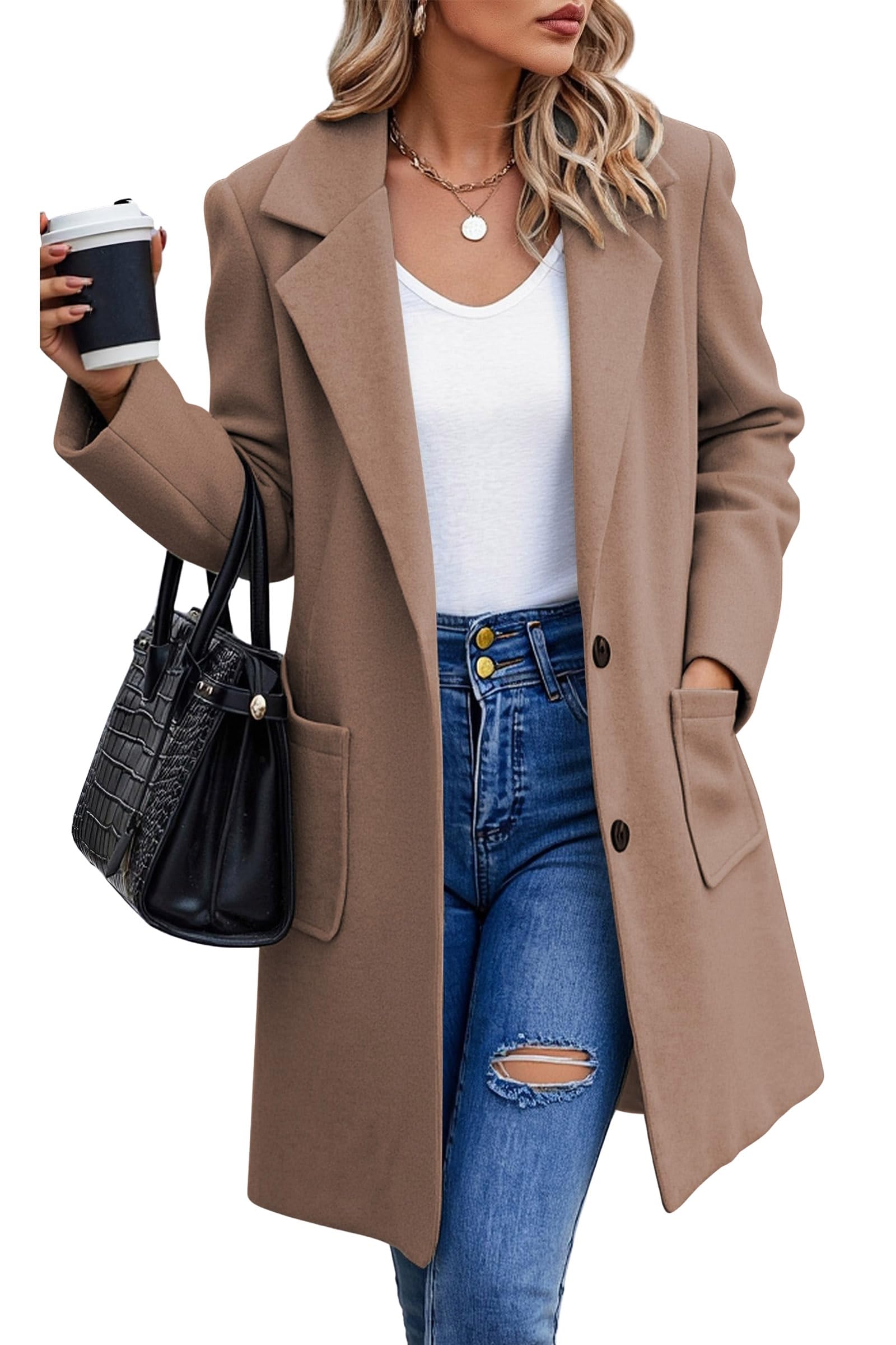 ECOWISH Women Coat Trench Jacket - Winter Long Sleeve Peacoat Fall Mid-Length Lapel Cardigan Overcoat with Pockets