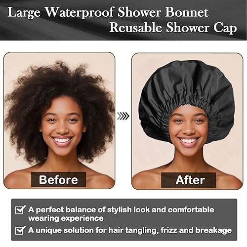 Extra Large Shower Cap for Women - Waterproof Hair Bonnet(Black)