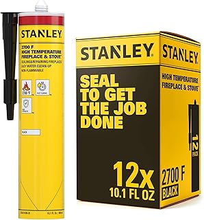 Stanley 2700F High Temp Black Fireplace & Stove Sealant (12x10.1oz) – Heat Resistant Fire Caulk for Chimneys, Ovens, Grills, Wood Stoves – Non-Flammable, Fast Drying, Paintable – Cartridge, 12 Pack