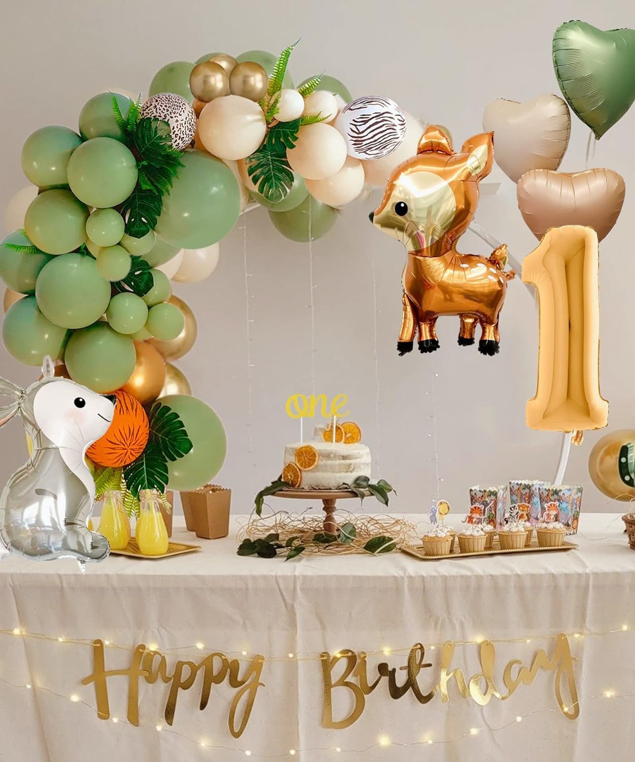 BIQIQI Birthday Decorations for Boys and Girls - Jungle Kids Party Supplies With Happy Birthday Banner, Green Balloons for Wild One Safari Theme (1 Year Old)