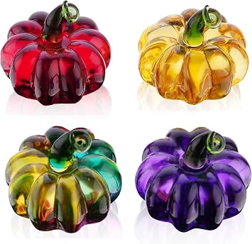4pcs Blown Glass Pumpkin Figurines - Fall & Harvest, Small Crystal Halloween Pumpkin Art Decorations Table Decor for Home Thanksgiving, Small Collectible Glass Pumpkin Paperweight