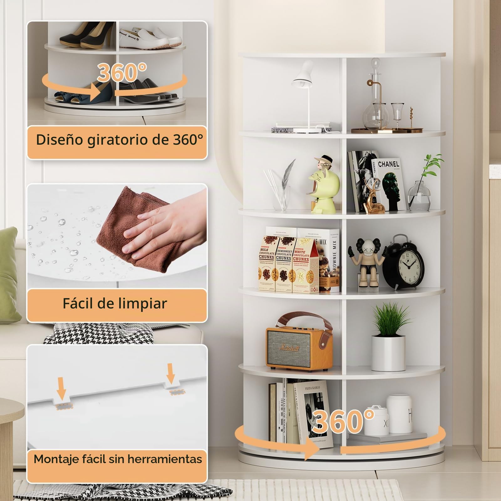 Zapatero Giratorio a 360 Grados, Organisateur de Zapatos Redondo con 6 Niveles, Torre de Zapatos Vertical Salvaspazio Blanco para 24 Pares de Zapatos y Bolsos, Armario Zapatero para Entrada