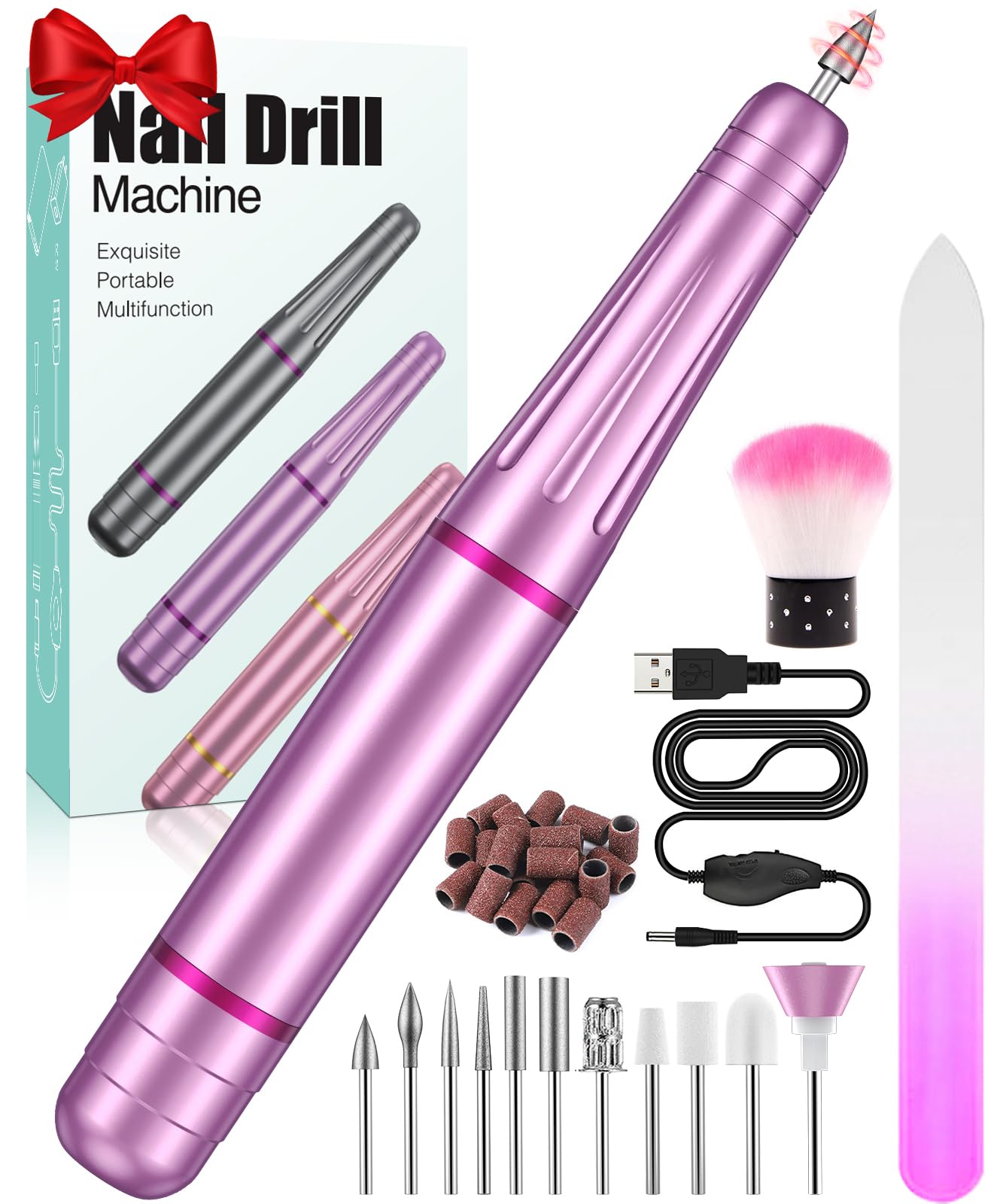 Torno para Uñas Profesional, 11 en 1 Lima Electrica Uñas USB para Gel de Uñas Acrílicas, Seguro de Baja Vibración,20000 RPM Velocidad Ajustable, Set de Manicura y Pedicura para Principiantes Salón DIY