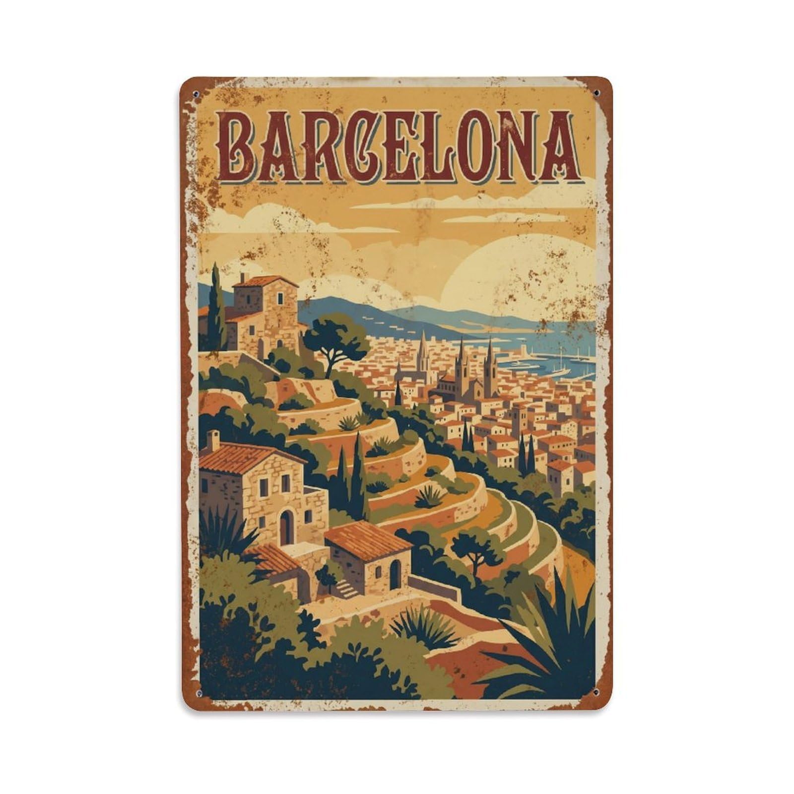Okngb Style Terraces Mediterranean Barcelona Classic Tourism Garden Metal Tin Sign Plaque Wall Decor For Cafe, Man Cave, Club Bar, Office, Home Garden Round Metal Poster 8X12inch