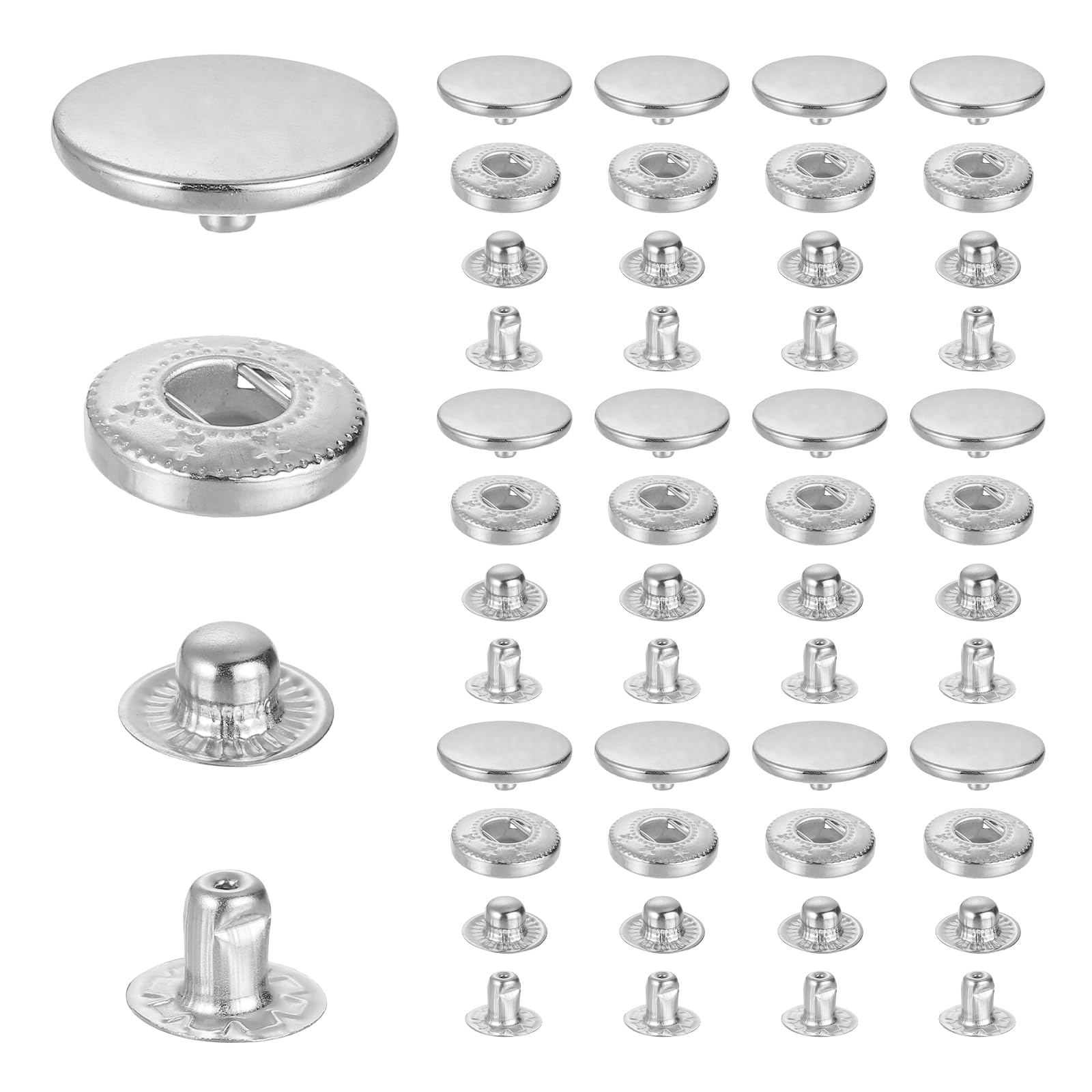 sourcing map 17mm Snap Fastener Stainless Steel Press Stud Cap Kit, 15 Sets Heavy Duty Snap Button No Sewing for Bag Coats Marine Clothes Jackets Jeans Boat Canvas, Silver