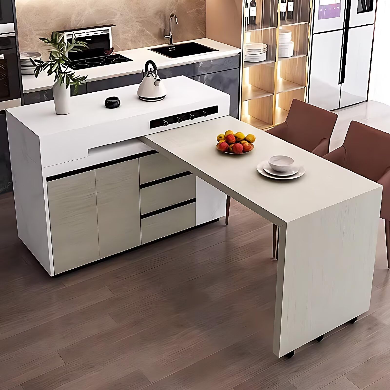 High QLO Kitchen Island - Kitchen Island with Extendable Dining Table Includes Integrated Slate Dining Table Pull-Out Cabinets