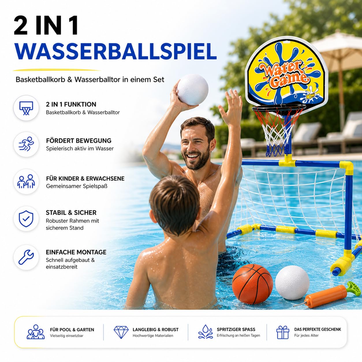 2-in-1 Wasserballspiel für Pool – Basketballkorb & Wasserballtor für Kinder & Erwachsene inkl. Bälle – Wasserspaß für Garten & Pool