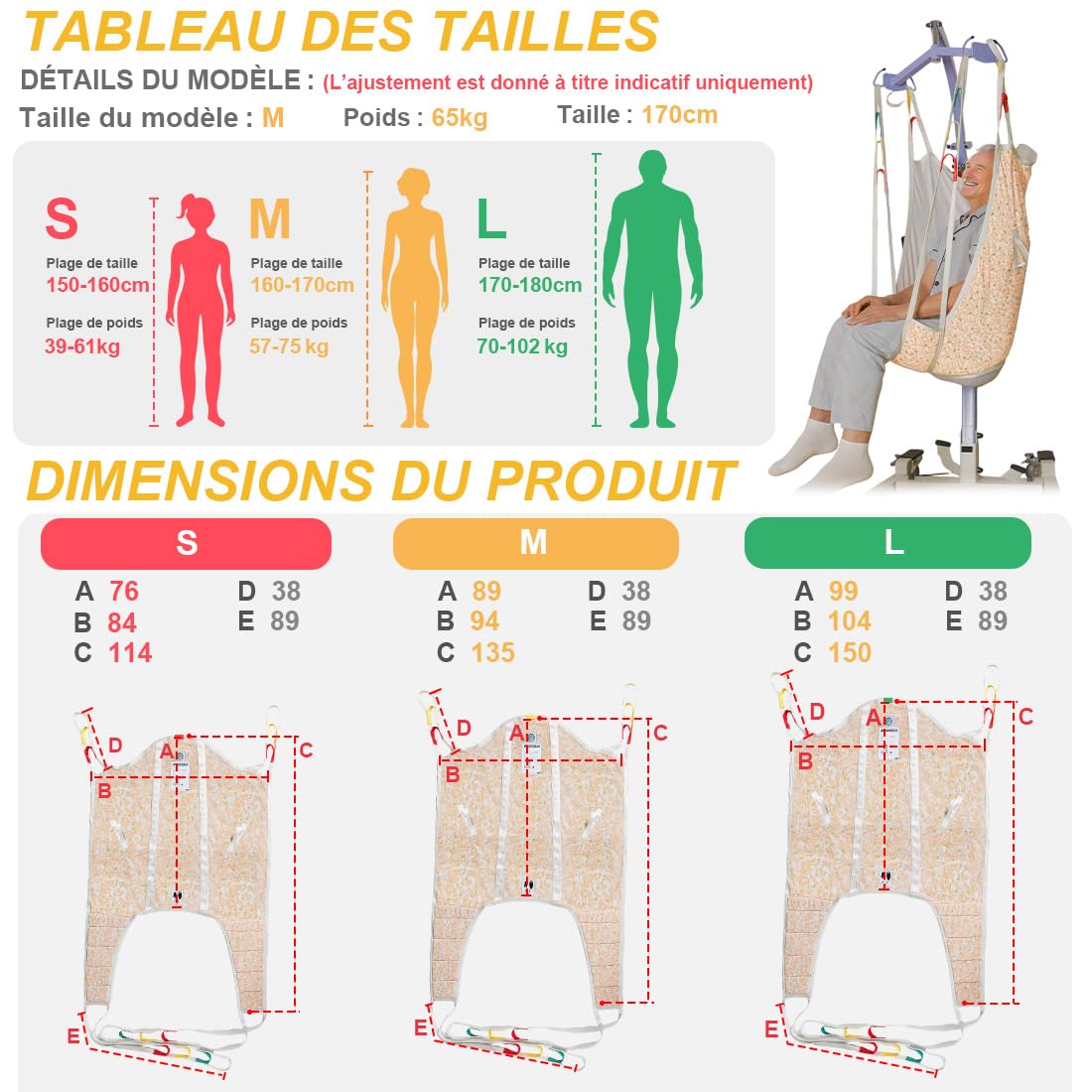 Ehucon Sangle Lève-Personne avec Appui-Tête, Sangle de Transfert à Jambes Séparées, Harnais Complet Rembourré, Compatible avec Lève-Malade, pour Domicile & Établissements de Soins (M)