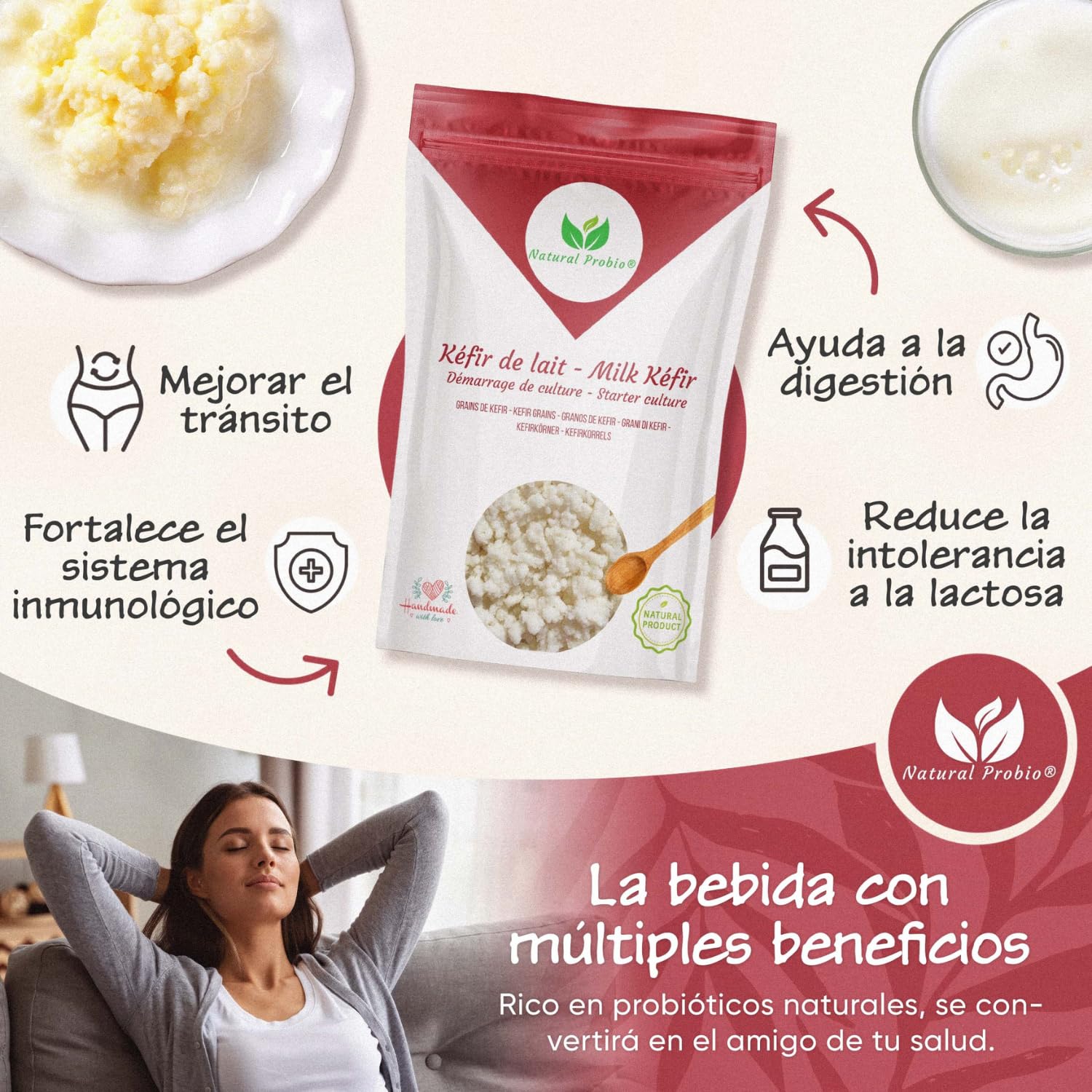 Natural Probio® Kéfir de leche, kit de inicio de cultivo de granos fermentados lácticos naturales, con leche certificada sin OGM, probiótico natural, instrucciones, receta y consejos (10g)