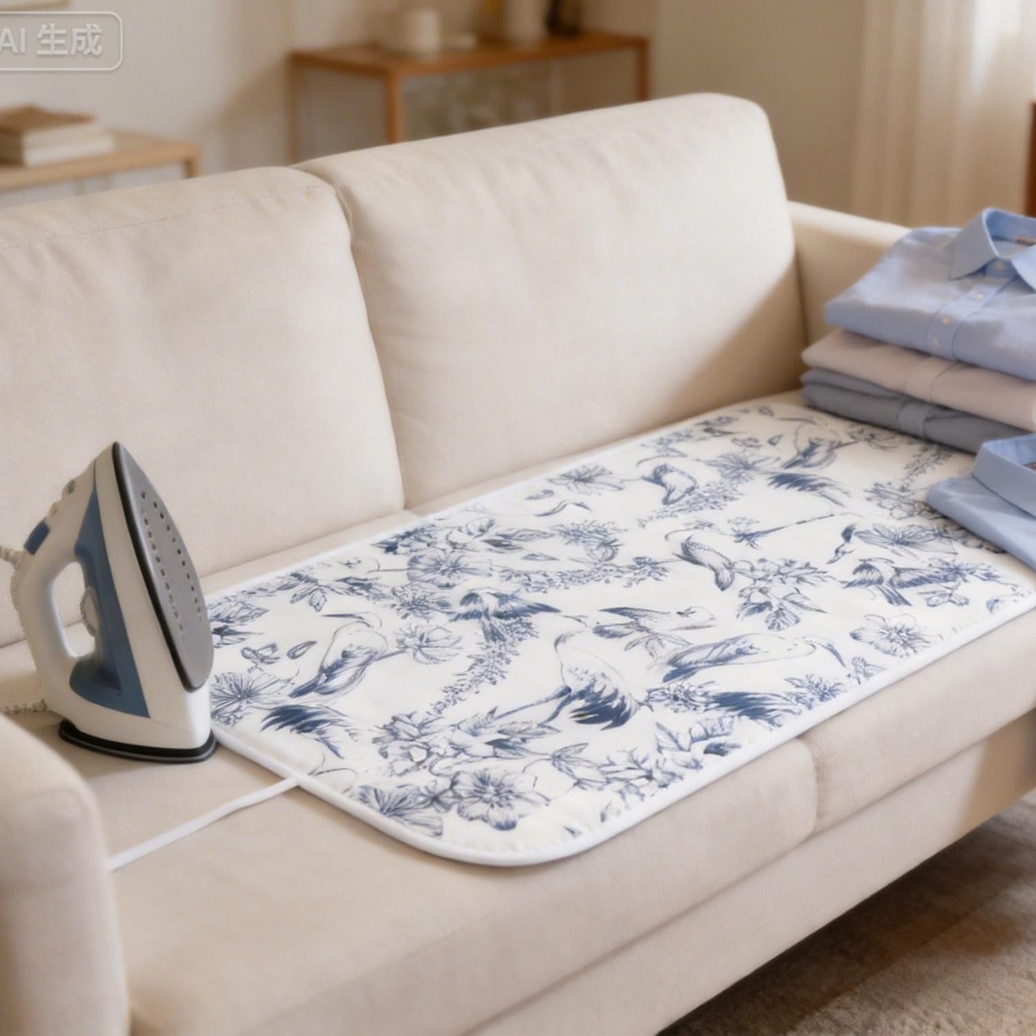 Umiin Copertura per Stirare Universale 75x100 cm - Tappeto da Stiro Spesso con 3 Clip per Porta e Parete - Pieghevole con Cinghie di Fissaggio - Design Uccelli e Fiori, Ideale per Tavolo e Letto