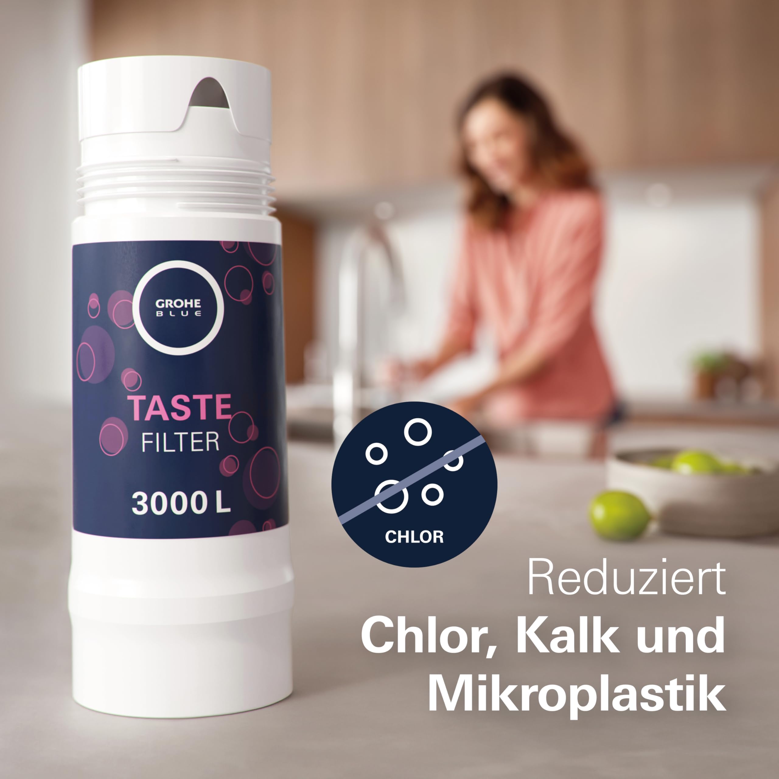 GROHE Blue, Aktivkohlefilter Taste, 3000l Kapazität (für Regionen mit Wasserhärte <9° dKH, Dreiphasenfilter reduziert geschmacksstörende Stoffe wie Chlor, für Blue Home, Professional, Pure), 40547001