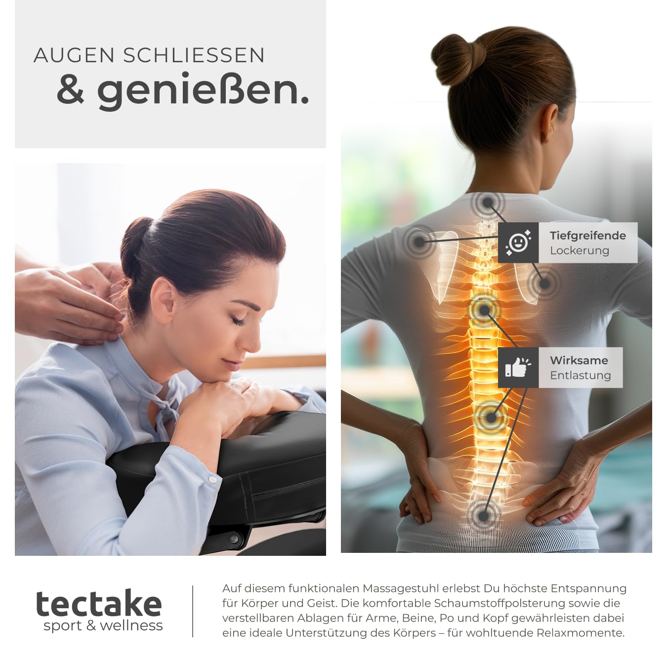 Tectake Massagestuhl klappbar ergonomischer Hocker ohne Armlehne mobil portabel Behandlungsliege zusammenklappbar mit Tragetasche schwarz