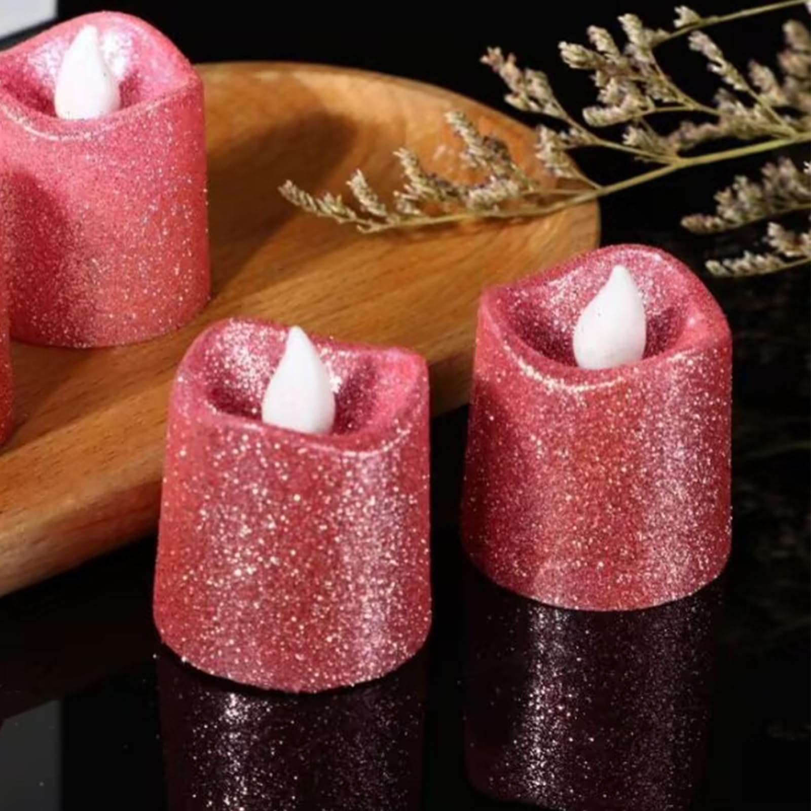 YiYFiT Glitter Pink LED Votive Candles,Battery Operated LED Tealights Fake Candles Flameless Tea Light Gifts for Home Party Wedding Halloween Chrismas Decoration(6 Pack)