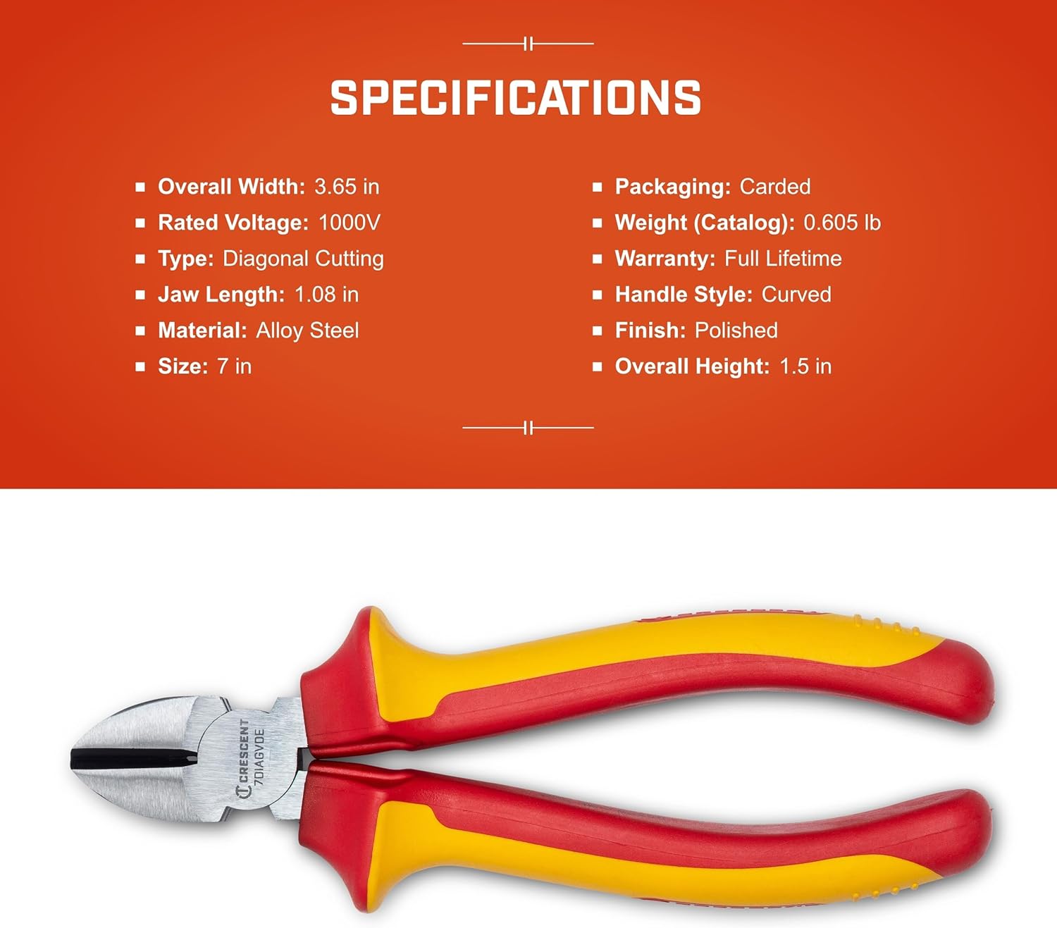 Crescent VDE Insulated Diagonal Cutting Pliers - Wire & Cable Cutter for Home Improvement & Repair - Ergonomic Electrician Tool - 7" - 7DIAGVDE