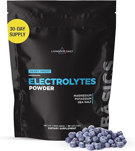 Livingood Daily Polvo de electrolitos, Berry Frost - Polvo de electrolitos sin azúcar - Mezcla de bebida de hidratación con sal rosa del Himalaya -